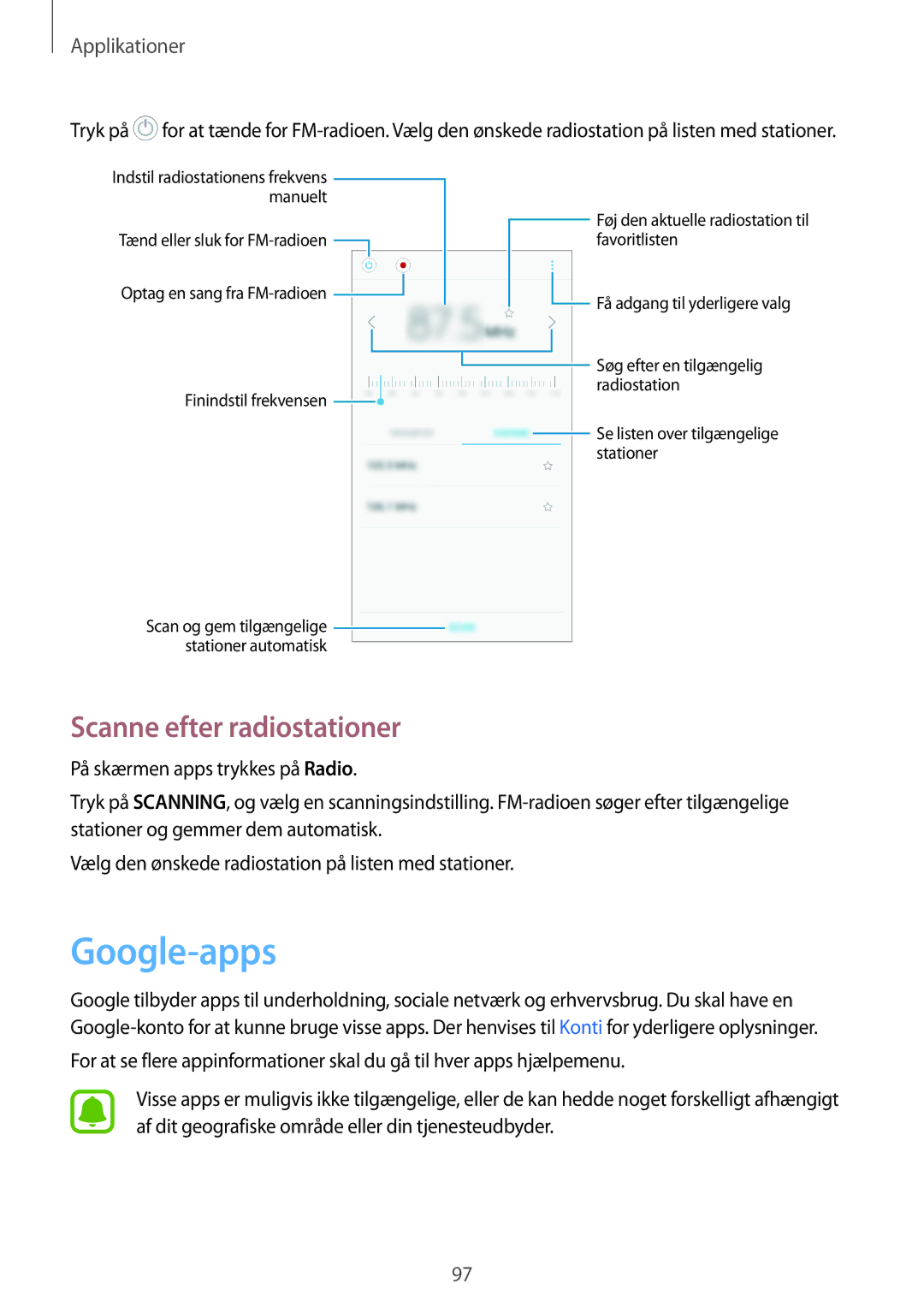 Samsung SM-J530FZKDNEE, SM-J530FZSDNEE, SM-J730FZKDNEE, SM-J530FZDDNEE manual Google-apps, Scanne efter radiostationer 