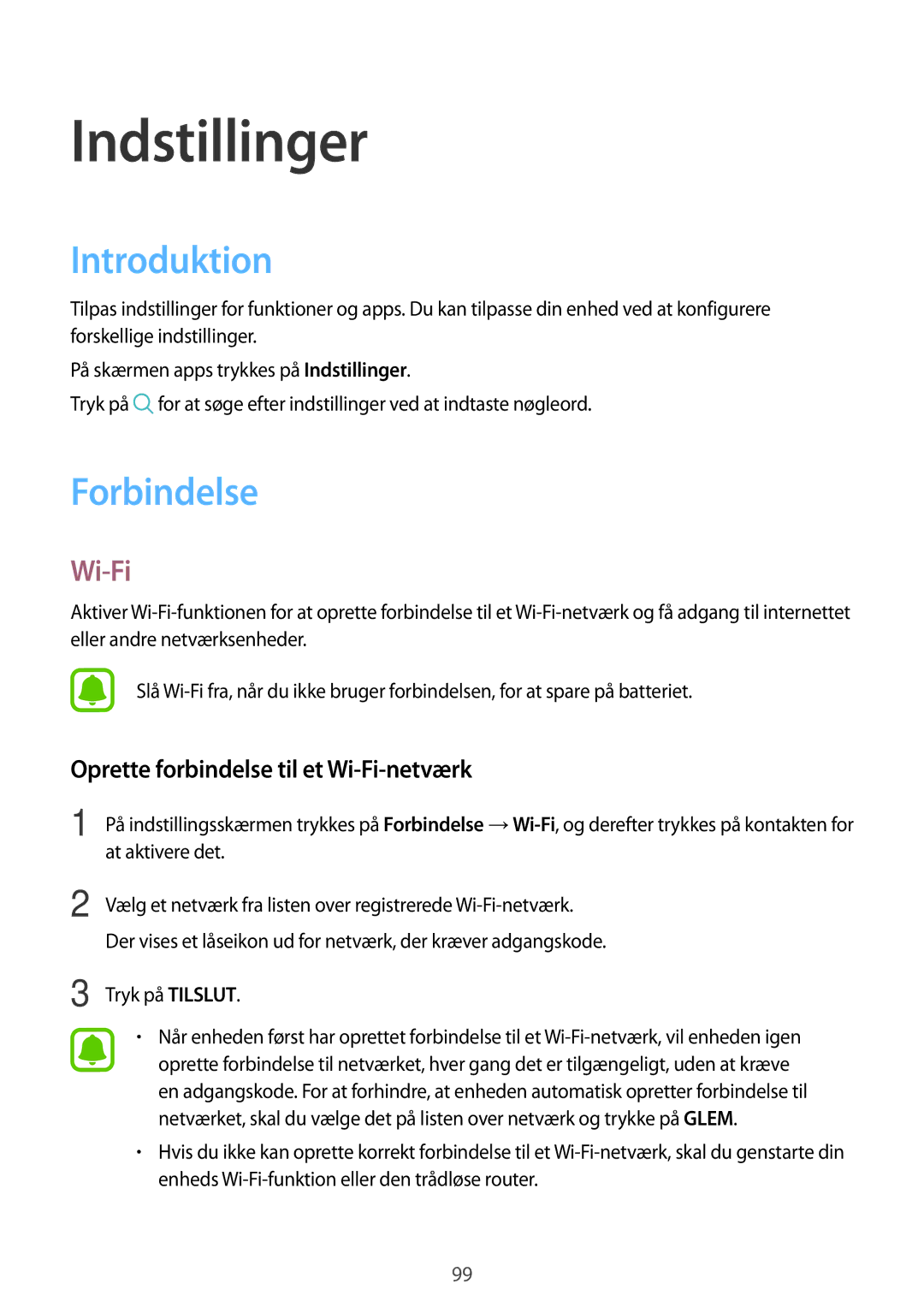 Samsung SM-J530FZDDNEE, SM-J530FZSDNEE manual Introduktion, Forbindelse, Oprette forbindelse til et Wi-Fi-netværk 