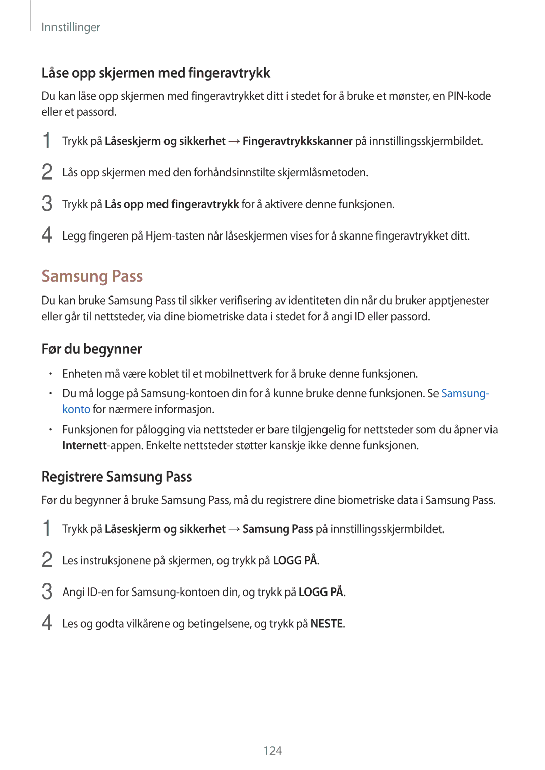 Samsung SM-J730FZSDNEE, SM-J530FZSDNEE, SM-J530FZKDNEE Låse opp skjermen med fingeravtrykk, Registrere Samsung Pass 