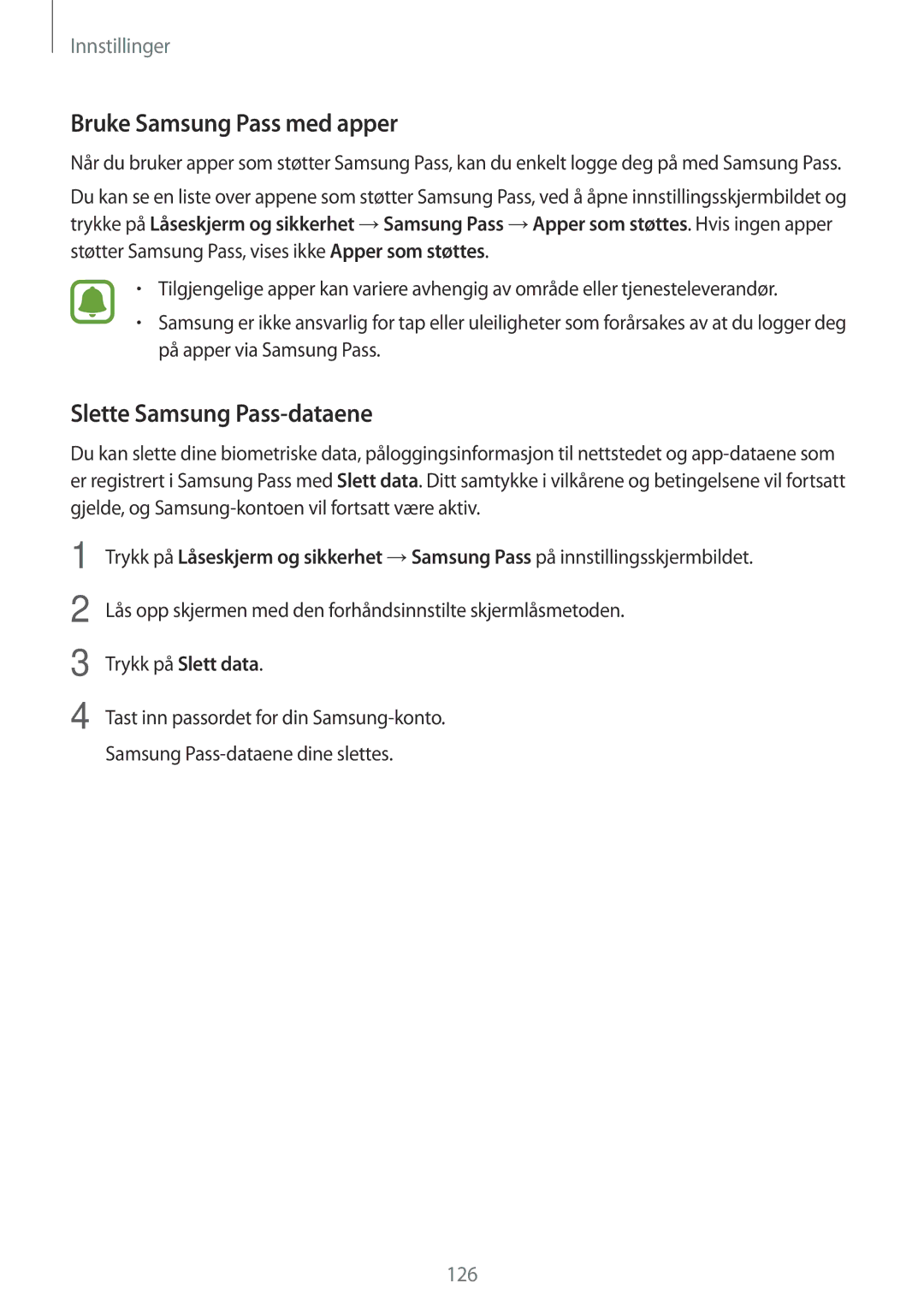 Samsung SM-J530FZSDNEE, SM-J530FZKDNEE, SM-J730FZKDNEE manual Bruke Samsung Pass med apper, Slette Samsung Pass-dataene 