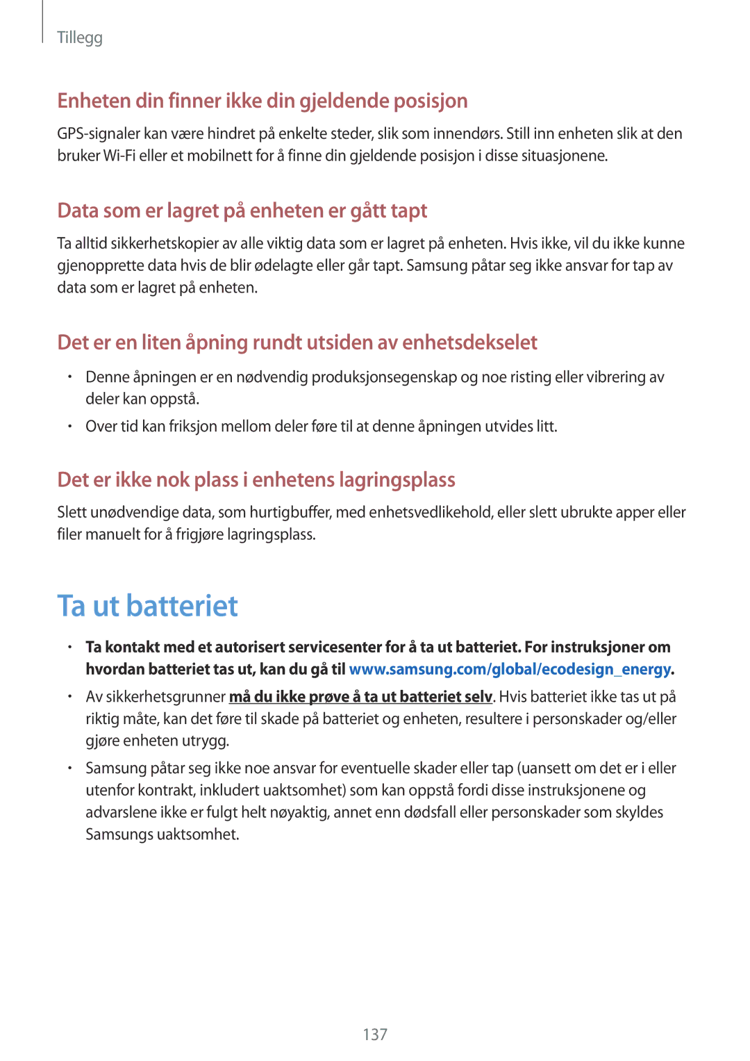 Samsung SM-J730FZDDNEE, SM-J530FZSDNEE, SM-J530FZKDNEE manual Ta ut batteriet, Enheten din finner ikke din gjeldende posisjon 