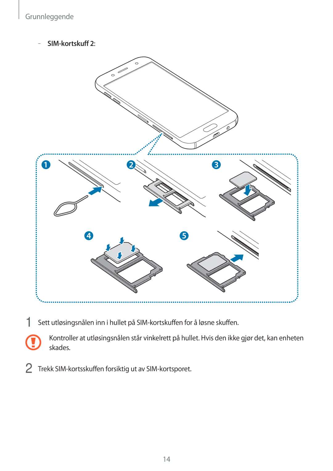 Samsung SM-J730FZKDNEE, SM-J530FZSDNEE, SM-J530FZKDNEE manual Skades, Trekk SIM-kortsskuffen forsiktig ut av SIM-kortsporet 