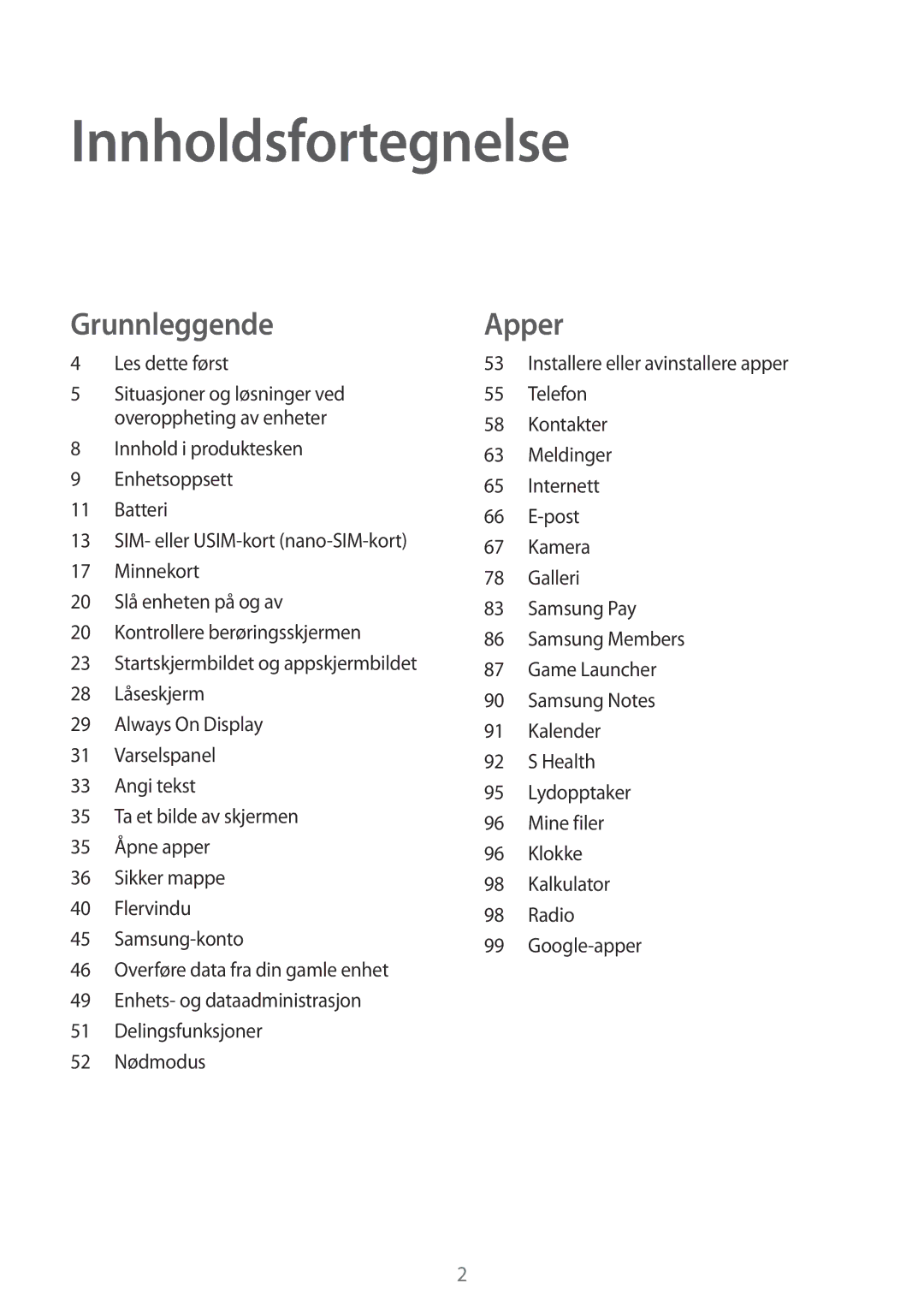 Samsung SM-J730FZKDNEE, SM-J530FZSDNEE, SM-J530FZKDNEE, SM-J530FZDDNEE, SM-J730FZSDNEE Innholdsfortegnelse, Les dette først 