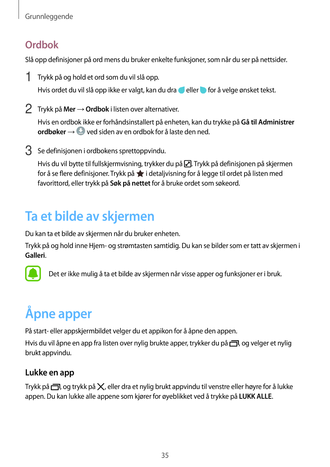 Samsung SM-J730FZDDNEE, SM-J530FZSDNEE, SM-J530FZKDNEE manual Ta et bilde av skjermen, Åpne apper, Ordbok, Lukke en app 