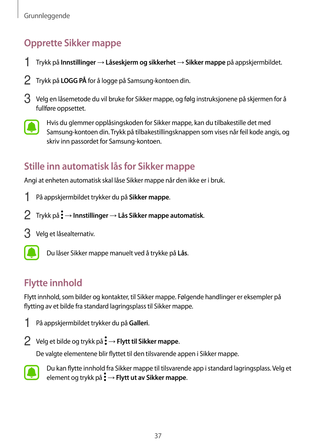 Samsung SM-J530FZKDNEE, SM-J530FZSDNEE Opprette Sikker mappe, Stille inn automatisk lås for Sikker mappe, Flytte innhold 