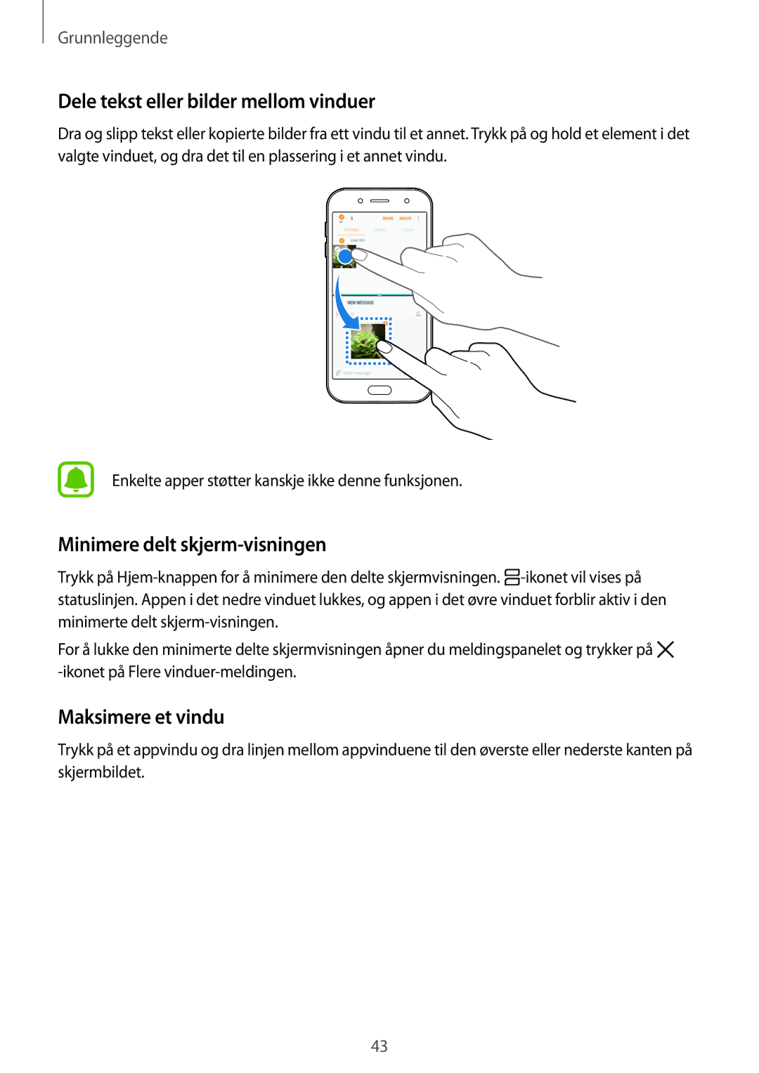 Samsung SM-J530FZKDNEE manual Dele tekst eller bilder mellom vinduer, Minimere delt skjerm-visningen, Maksimere et vindu 