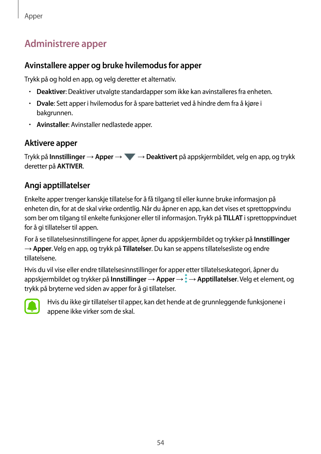 Samsung SM-J530FZSDNEE manual Administrere apper, Avinstallere apper og bruke hvilemodus for apper, Aktivere apper 