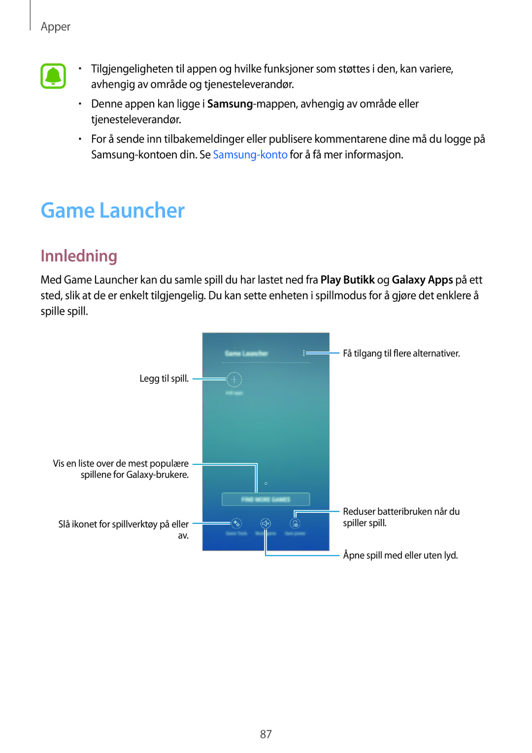 Samsung SM-J530FZDDNEE, SM-J530FZSDNEE, SM-J530FZKDNEE, SM-J730FZKDNEE, SM-J730FZSDNEE manual Game Launcher, Innledning 