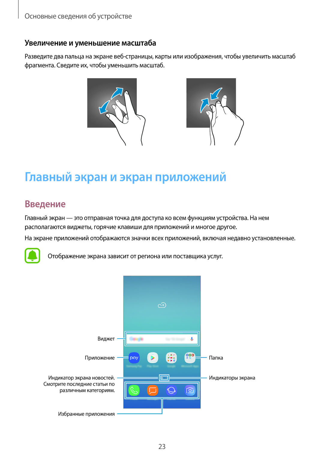 Samsung SM-J730FZDNSER, SM-J530FZSNSER manual Главный экран и экран приложений, Введение, Увеличение и уменьшение масштаба 