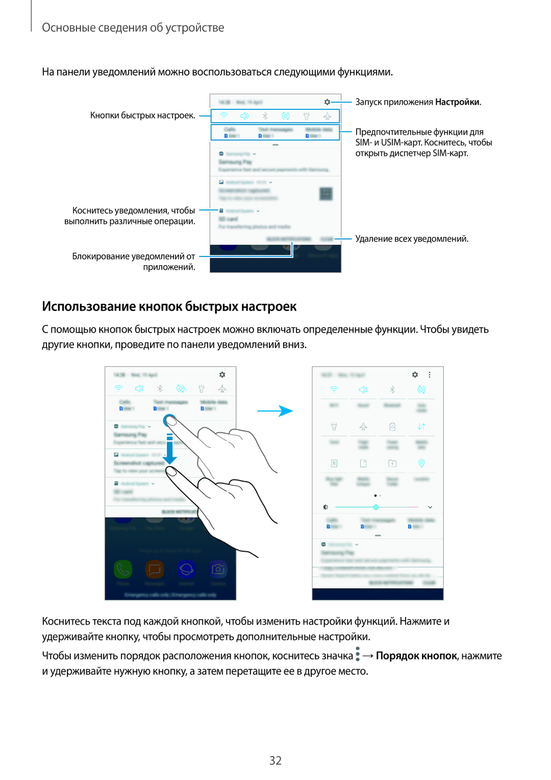 Samsung SM-J530FZSNSER manual Использование кнопок быстрых настроек, Запуск приложения Настройки Кнопки быстрых настроек 