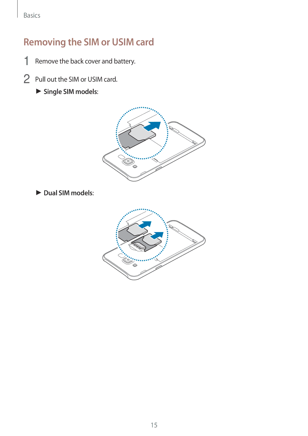 Samsung SM-J700HZWDSER, SM-J700FZWDKSA, SM-J700FZKDKSA Removing the SIM or Usim card, Single SIM models Dual SIM models 