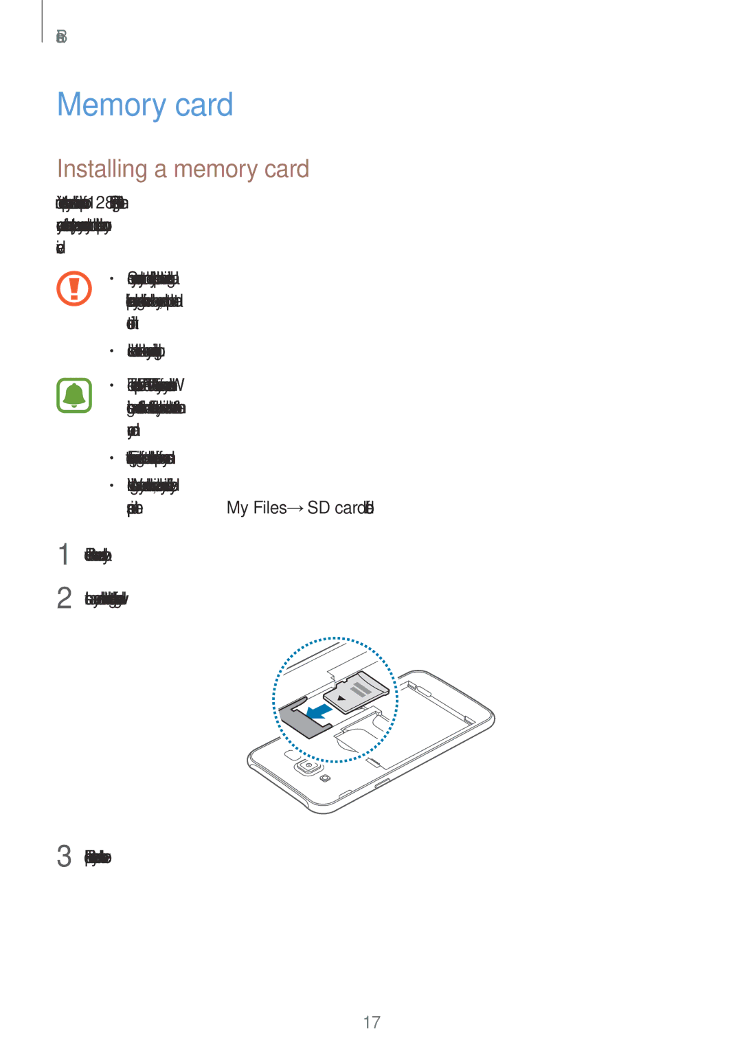 Samsung SM-J700FZKDKSA, SM-J700FZWDKSA, SM-J700FZDDKSA, SM-J700HZWDKSA, SM-J700HZWDXXV Memory card, Installing a memory card 