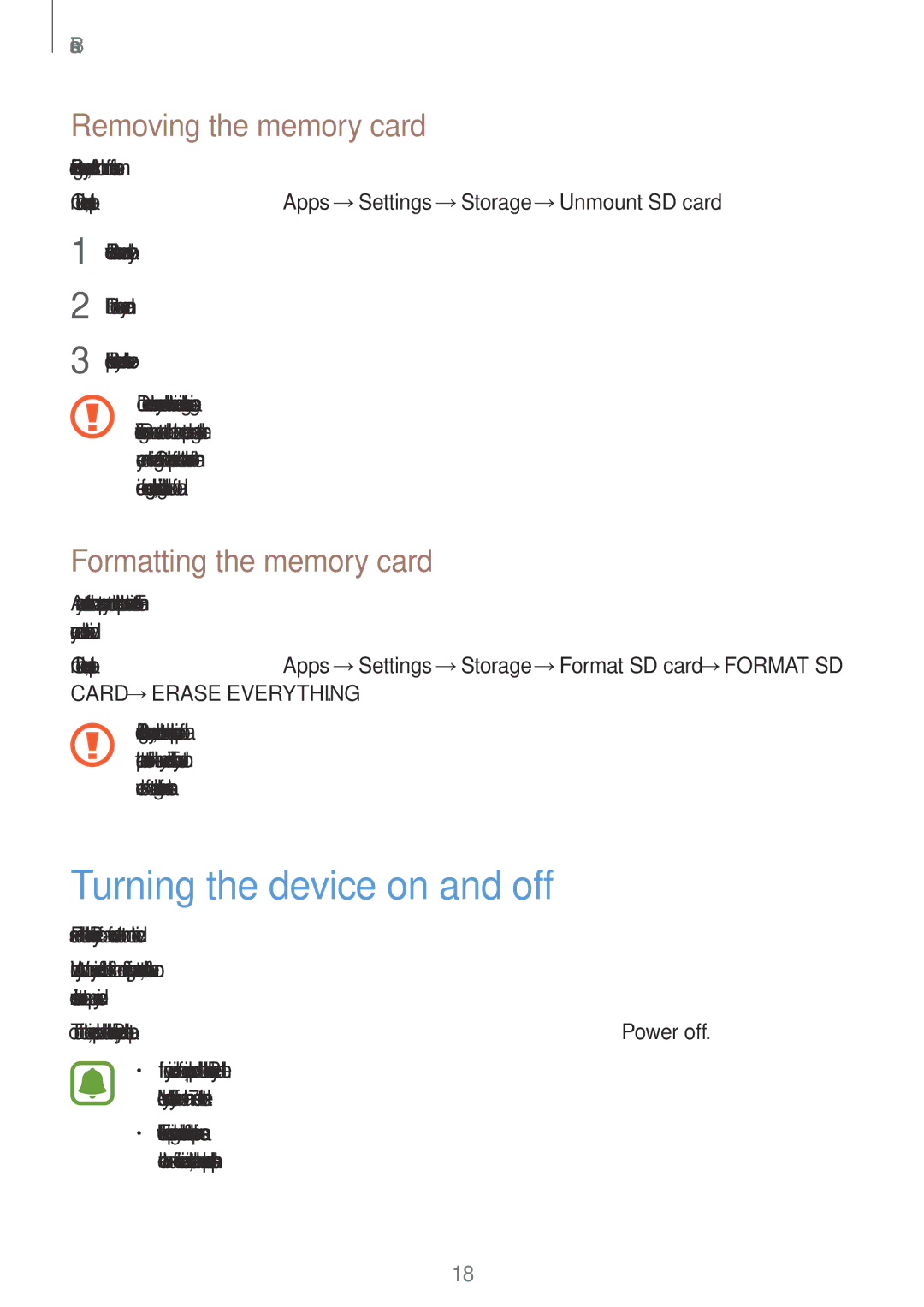 Samsung SM-J700FZDDKSA, SM-J700FZWDKSA Turning the device on and off, Removing the memory card, Formatting the memory card 