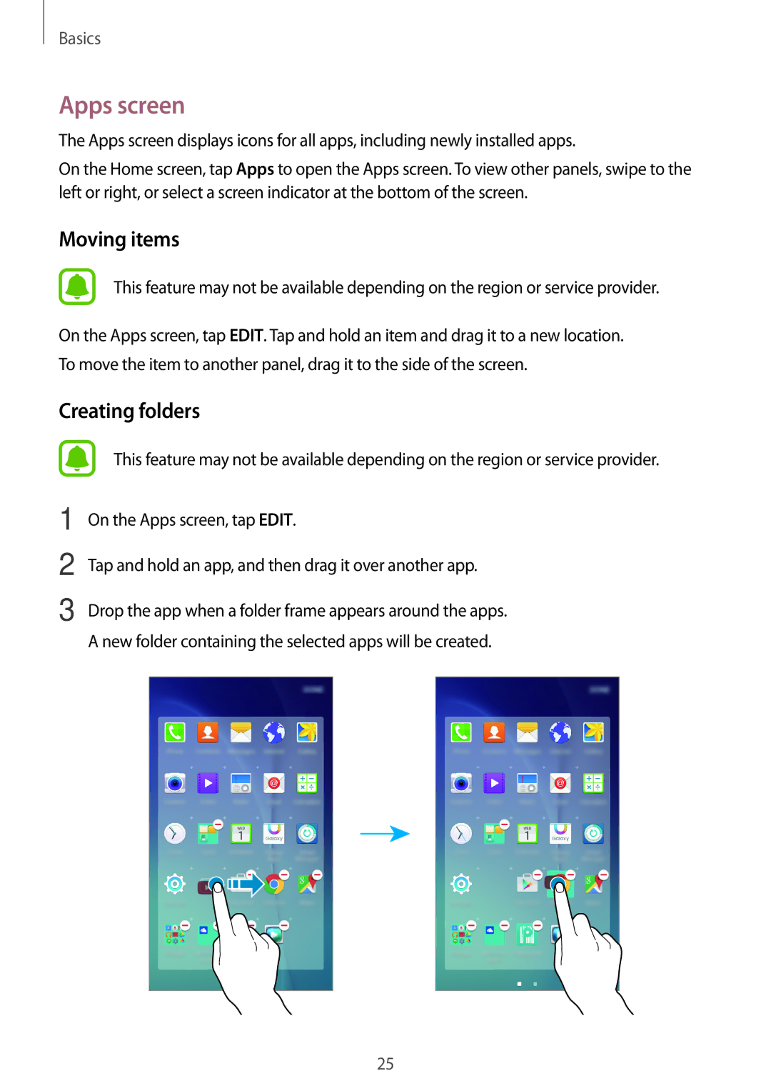 Samsung SM-J700FZWAILO, SM-J700FZWDKSA, SM-J700FZKDKSA, SM-J700FZDDKSA, SM-J700HZWDKSA manual Apps screen, Moving items 