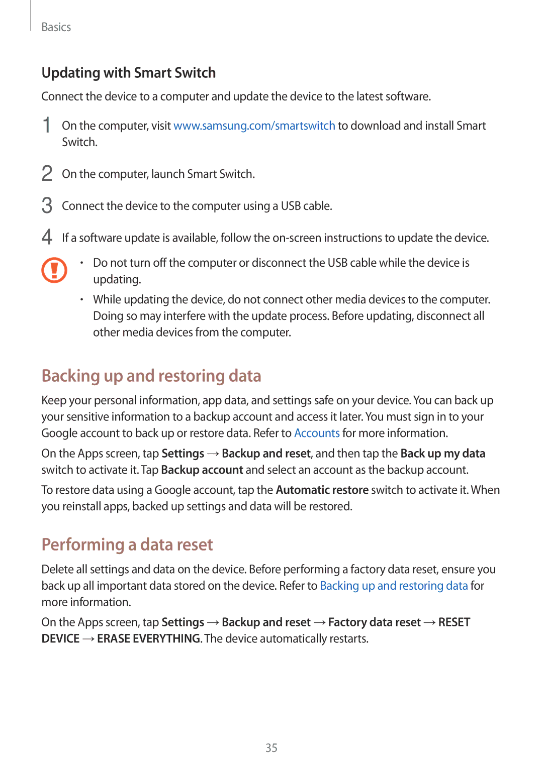 Samsung SM-J700HZWDKSA, SM-J700FZWDKSA Backing up and restoring data, Performing a data reset, Updating with Smart Switch 