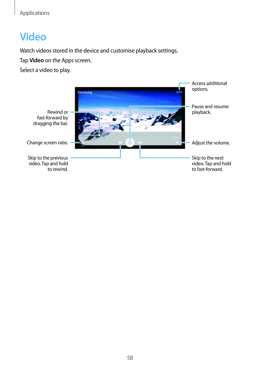 Samsung SM-J700FZWAPCL, SM-J700FZWDKSA, SM-J700FZKDKSA, SM-J700FZDDKSA manual Video, Dragging the bar Change screen ratio 