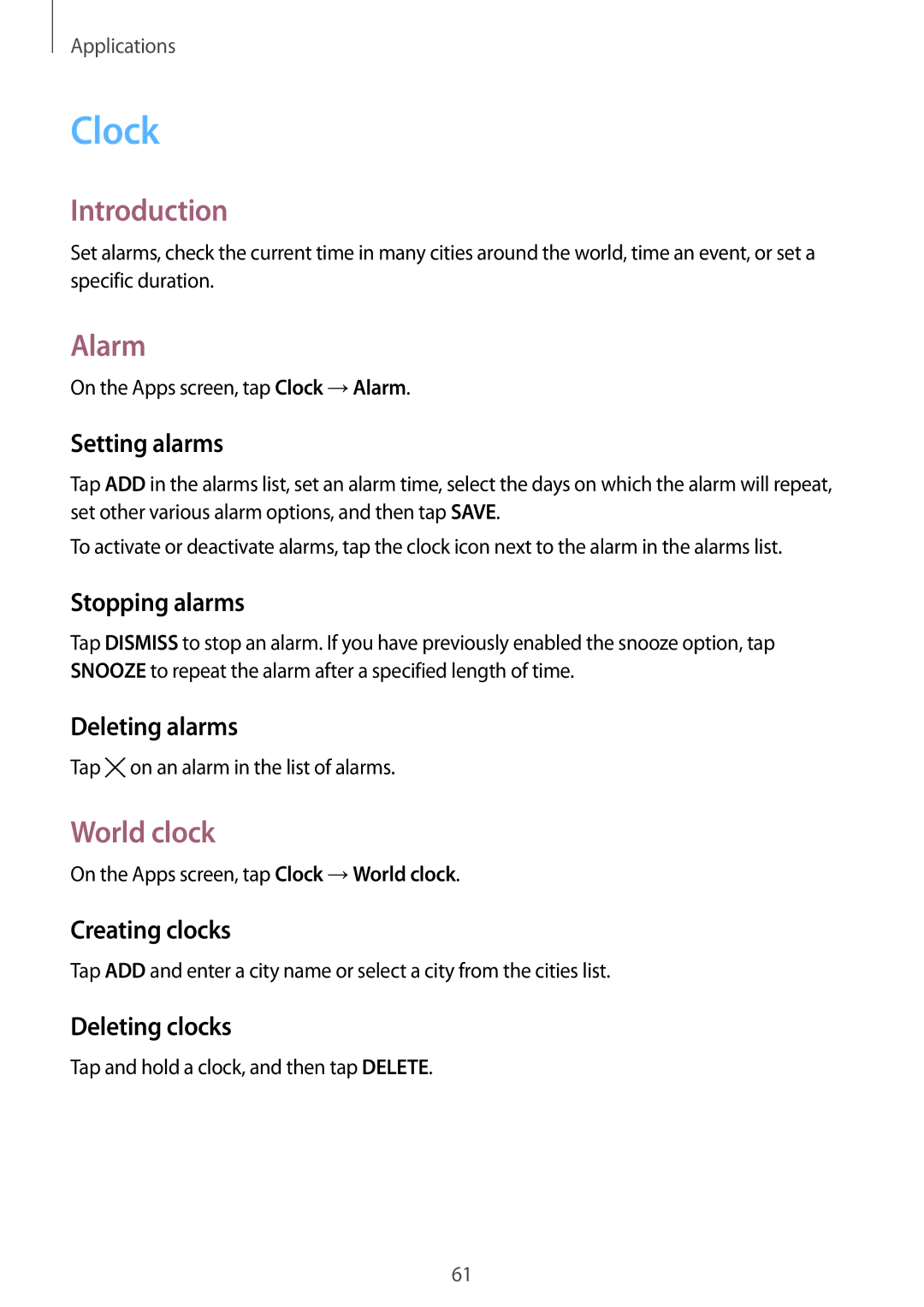 Samsung SM-J700HZDDSER, SM-J700FZWDKSA, SM-J700FZKDKSA, SM-J700FZDDKSA, SM-J700HZWDKSA manual Clock, Alarm, World clock 