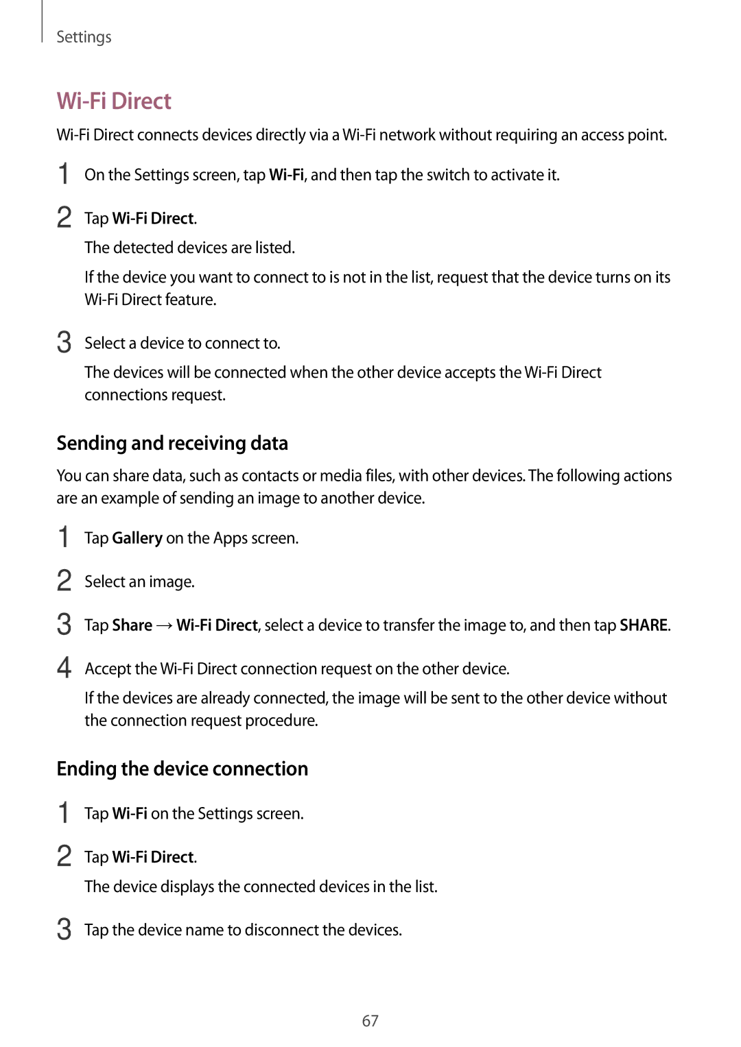 Samsung SM-J700HZWDKSA, SM-J700FZWDKSA manual Sending and receiving data, Ending the device connection, Tap Wi-Fi Direct 