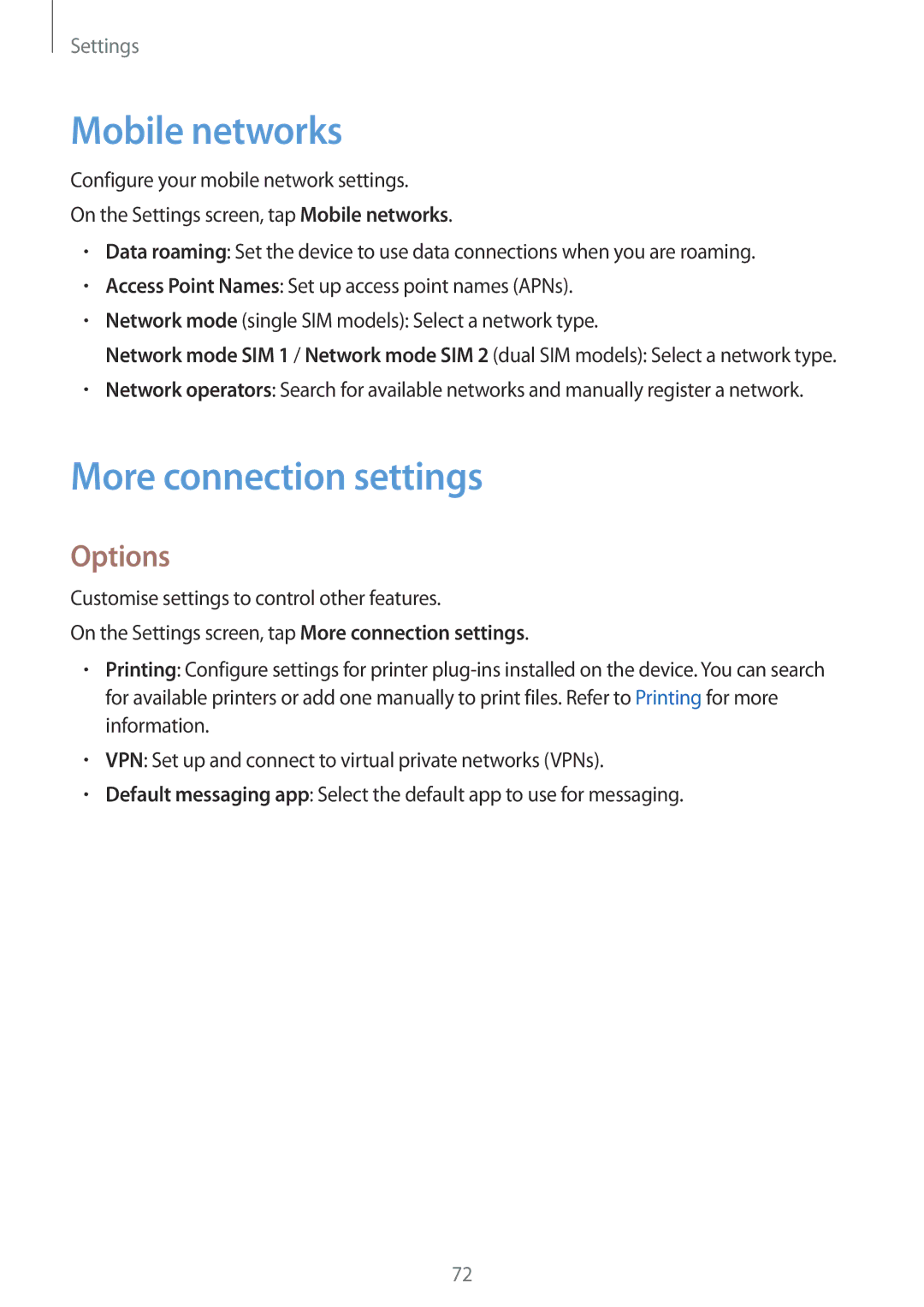 Samsung SM-J700FZKAPCL, SM-J700FZWDKSA, SM-J700FZKDKSA, SM-J700FZDDKSA Mobile networks, More connection settings, Options 