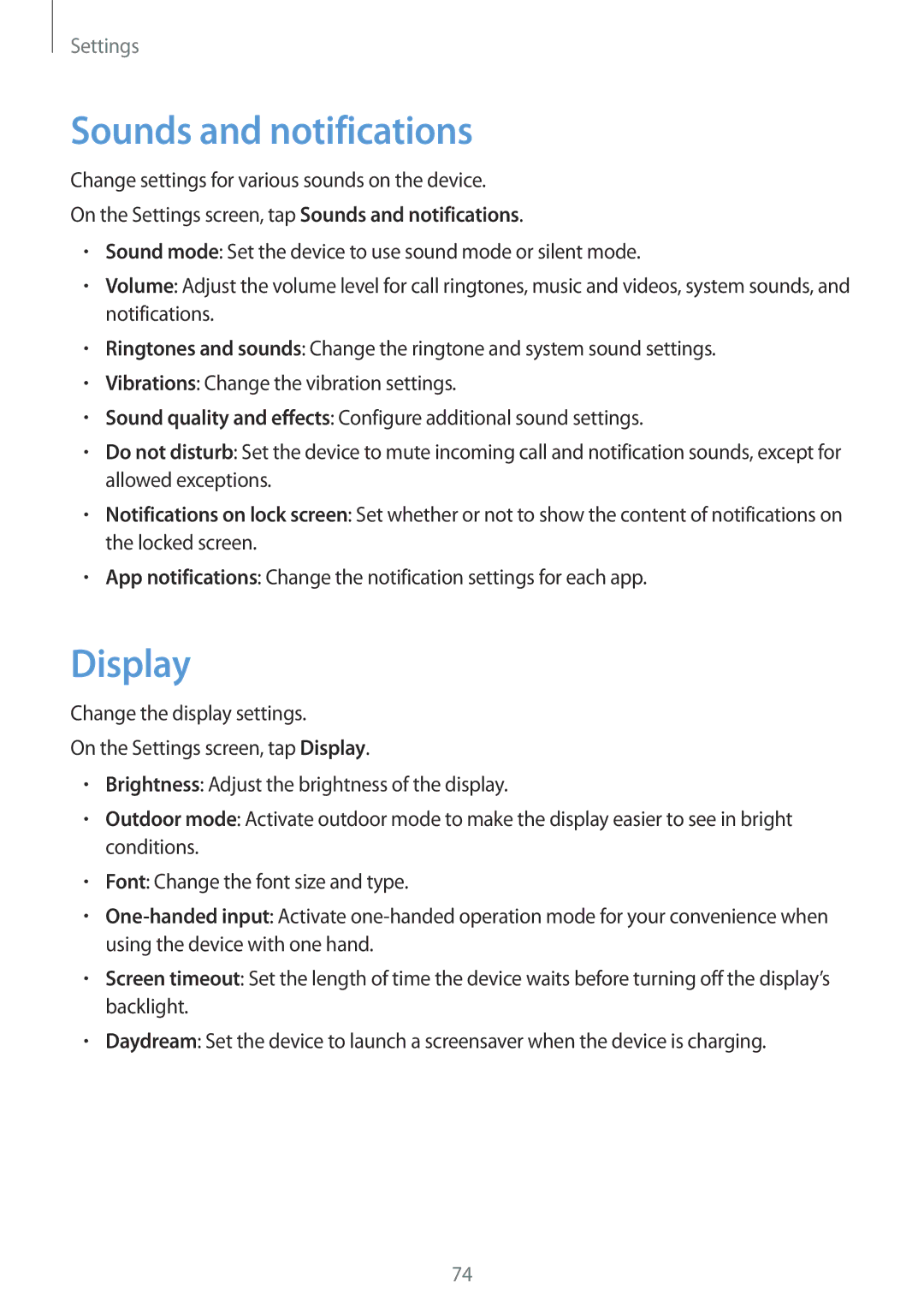 Samsung SM-J700FZWAPCL, SM-J700FZWDKSA, SM-J700FZKDKSA, SM-J700FZDDKSA, SM-J700HZWDKSA manual Sounds and notifications, Display 