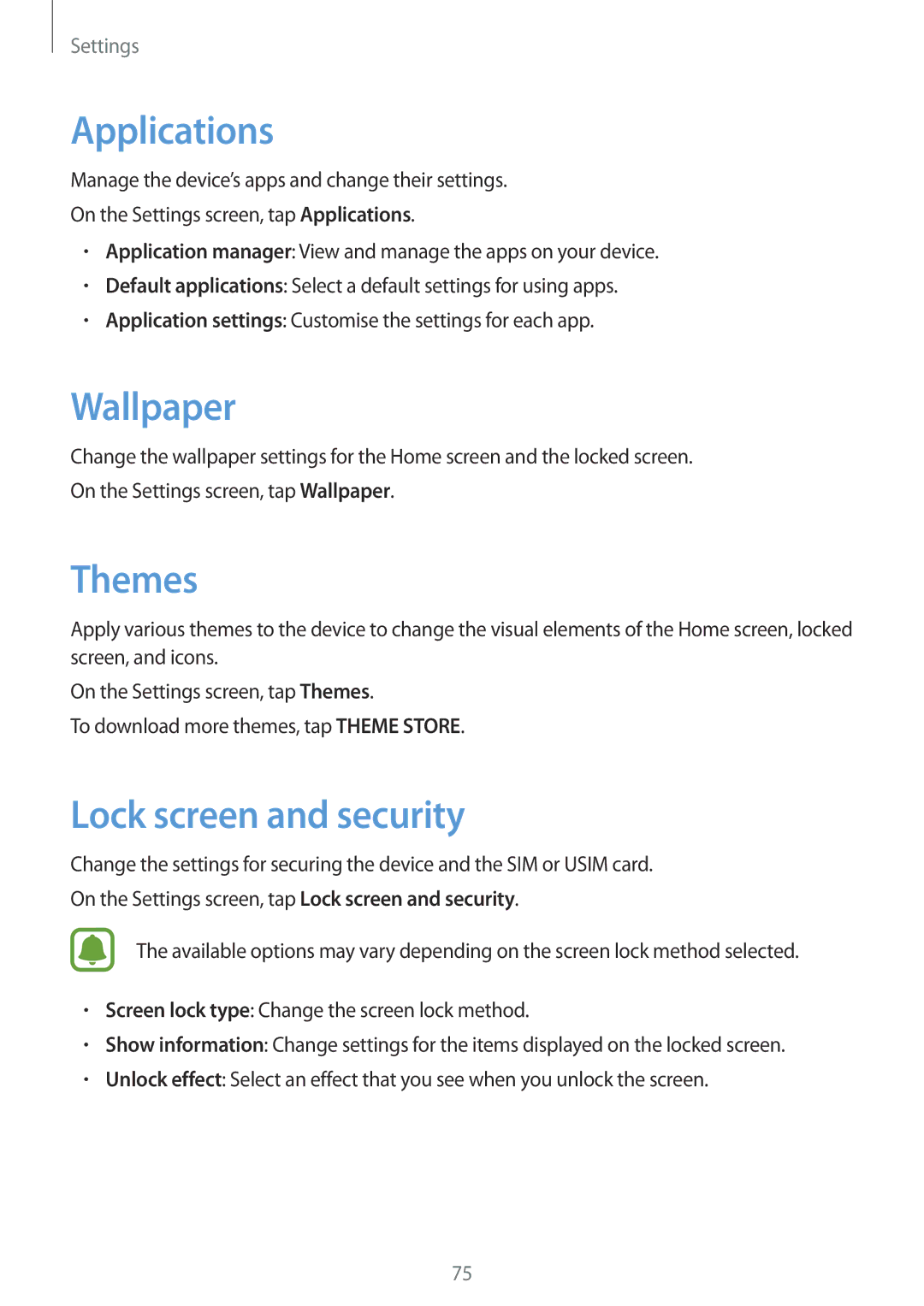 Samsung SM-J700FZDAILO, SM-J700FZWDKSA, SM-J700FZKDKSA manual Applications, Wallpaper, Themes, Lock screen and security 