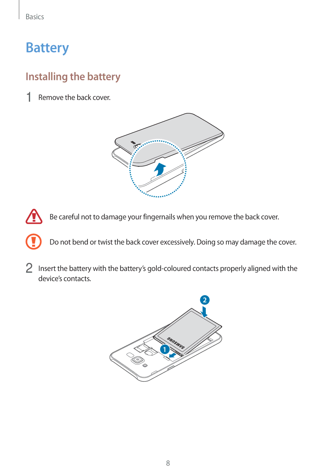 Samsung SM-J700FZKAPCL, SM-J700FZWDKSA, SM-J700FZKDKSA, SM-J700FZDDKSA, SM-J700HZWDKSA manual Battery, Installing the battery 