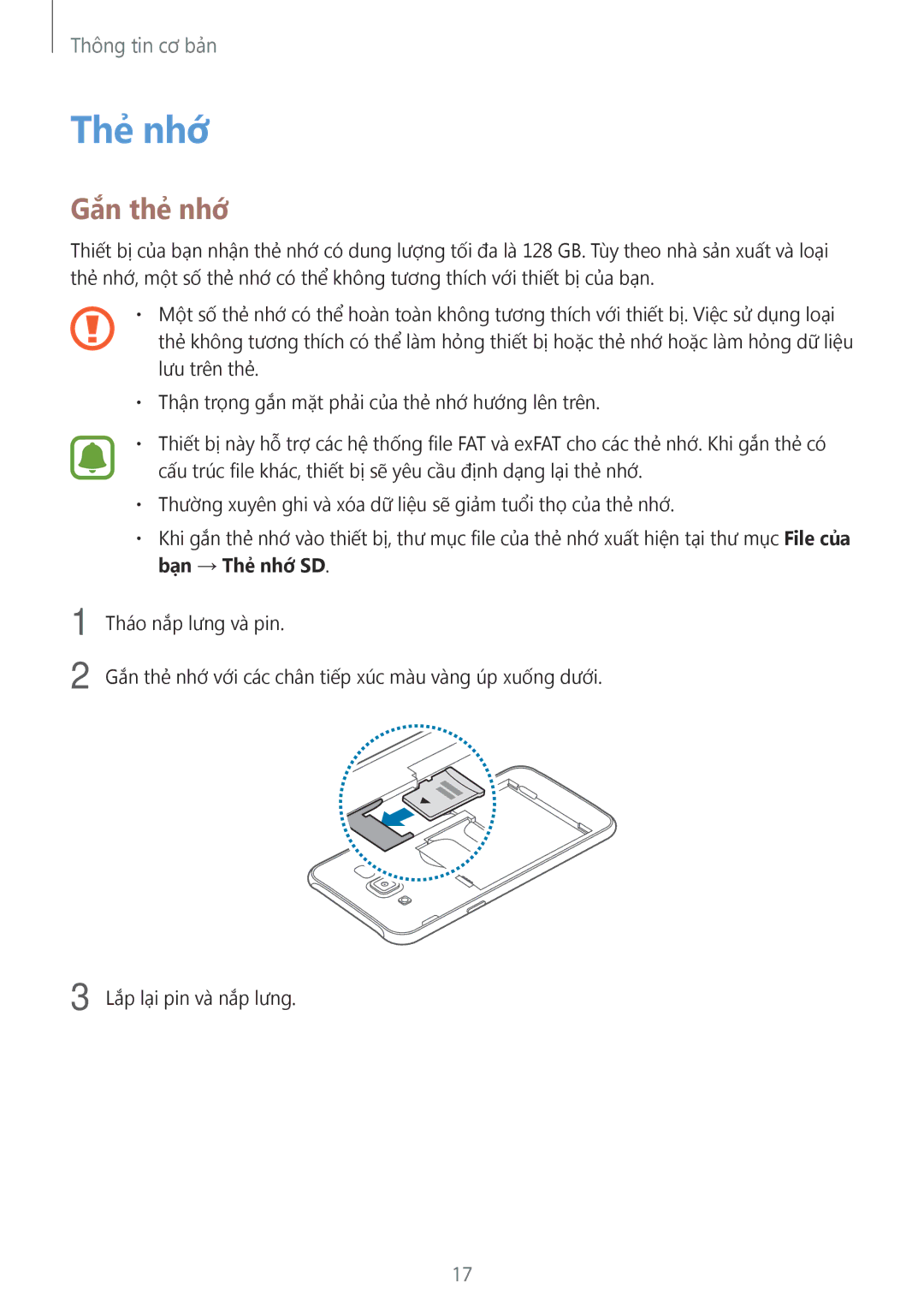 Samsung SM-J700HZKDXXV, SM-J700HZWDXXV, SM-J700HZDDXXV manual Thẻ nhớ, Gắn thẻ nhớ 