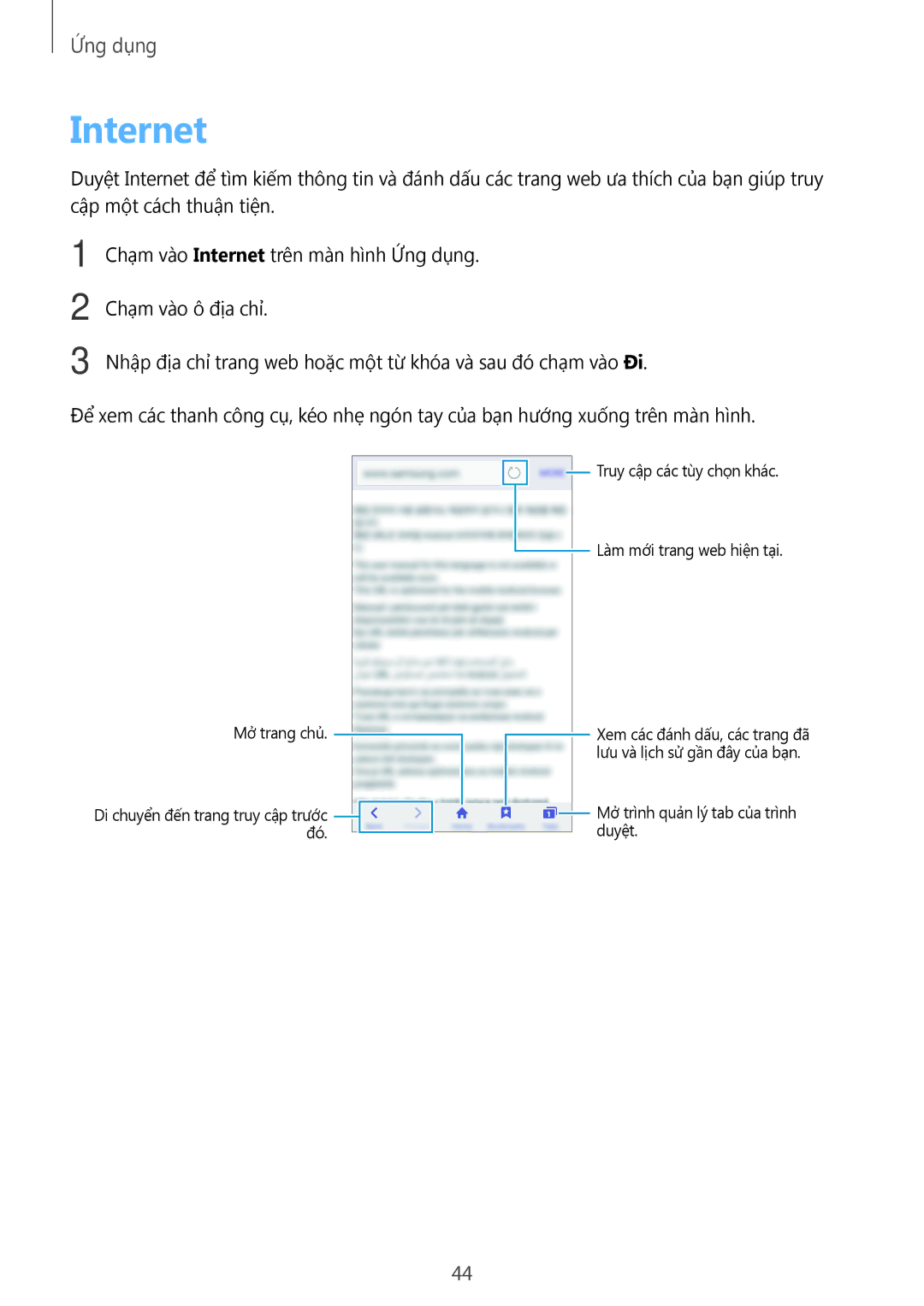 Samsung SM-J700HZKDXXV, SM-J700HZWDXXV, SM-J700HZDDXXV manual Internet, Mở trang chủ 