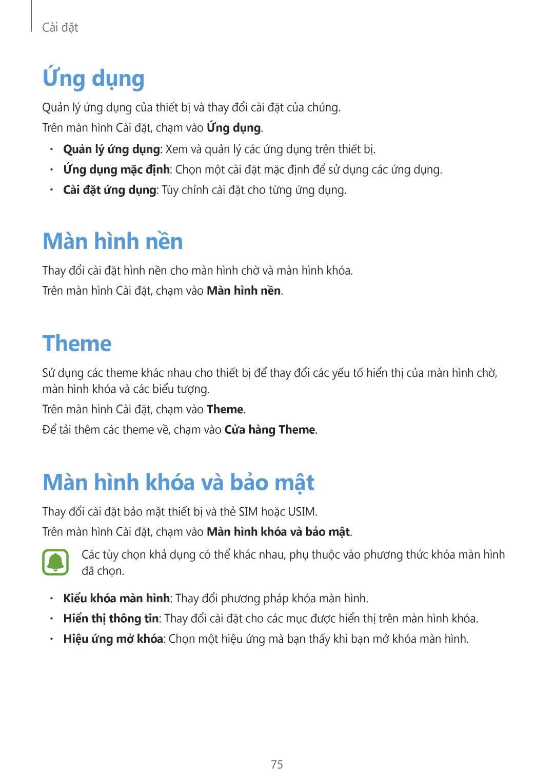 Samsung SM-J700HZWDXXV, SM-J700HZDDXXV, SM-J700HZKDXXV manual Ứng dụng, Màn hình nền, Theme, Màn hình khóa và bảo mật 