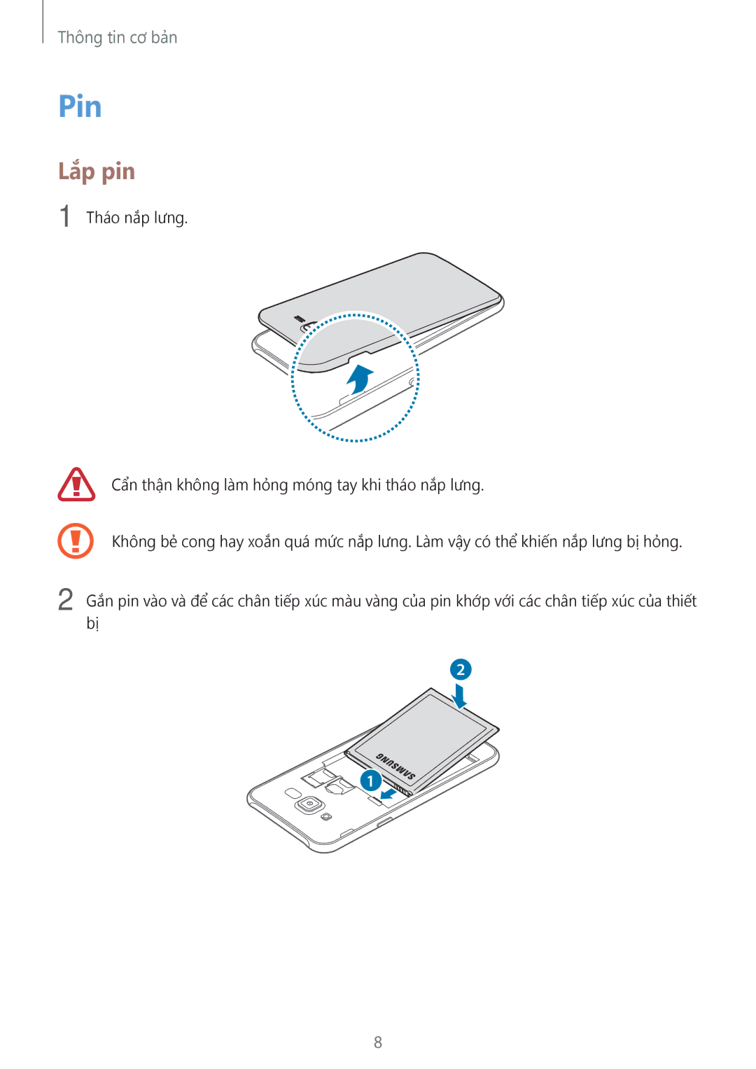 Samsung SM-J700HZKDXXV, SM-J700HZWDXXV, SM-J700HZDDXXV manual Pin, Lắp pin 