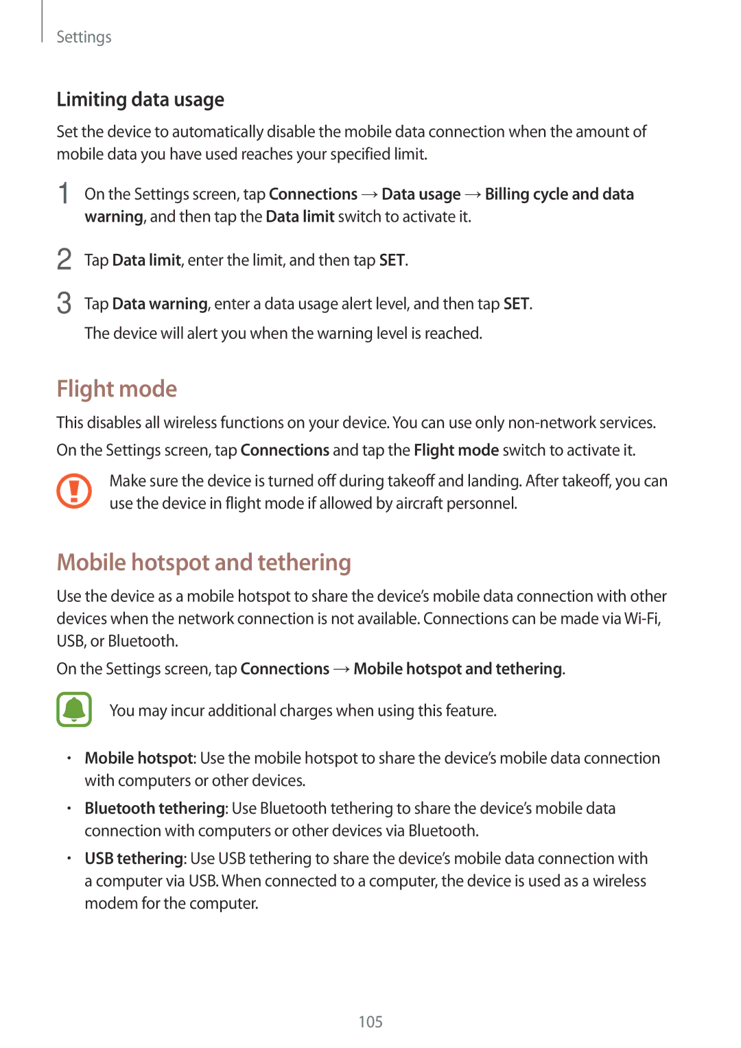 Samsung SM-J701FZDDKSA, SM-J701FZKDKSA, SM-J701FZKEILO manual Flight mode, Mobile hotspot and tethering, Limiting data usage 