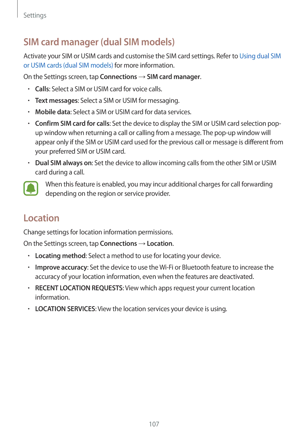 Samsung SM-J701FZKEILO, SM-J701FZDDKSA, SM-J701FZKDKSA, SM-J701FZDEILO manual SIM card manager dual SIM models, Location 