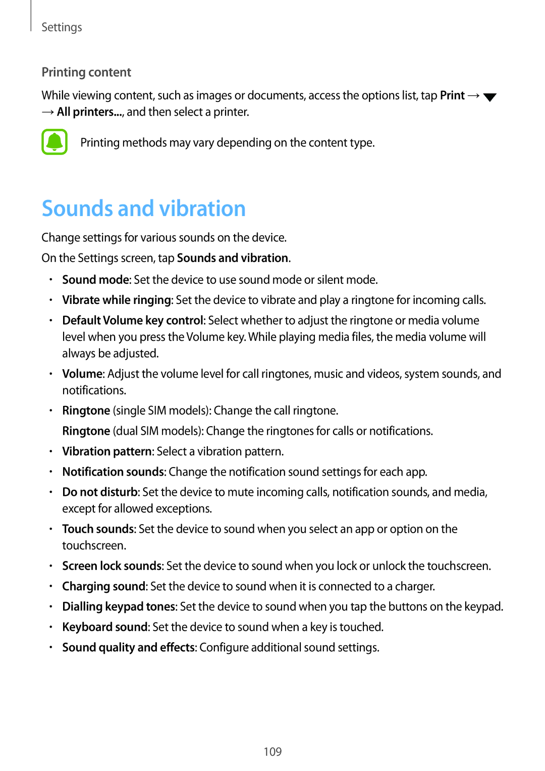 Samsung SM-J701FZSEILO, SM-J701FZDDKSA, SM-J701FZKDKSA, SM-J701FZKEILO, SM-J701FZDEILO Sounds and vibration, Printing content 