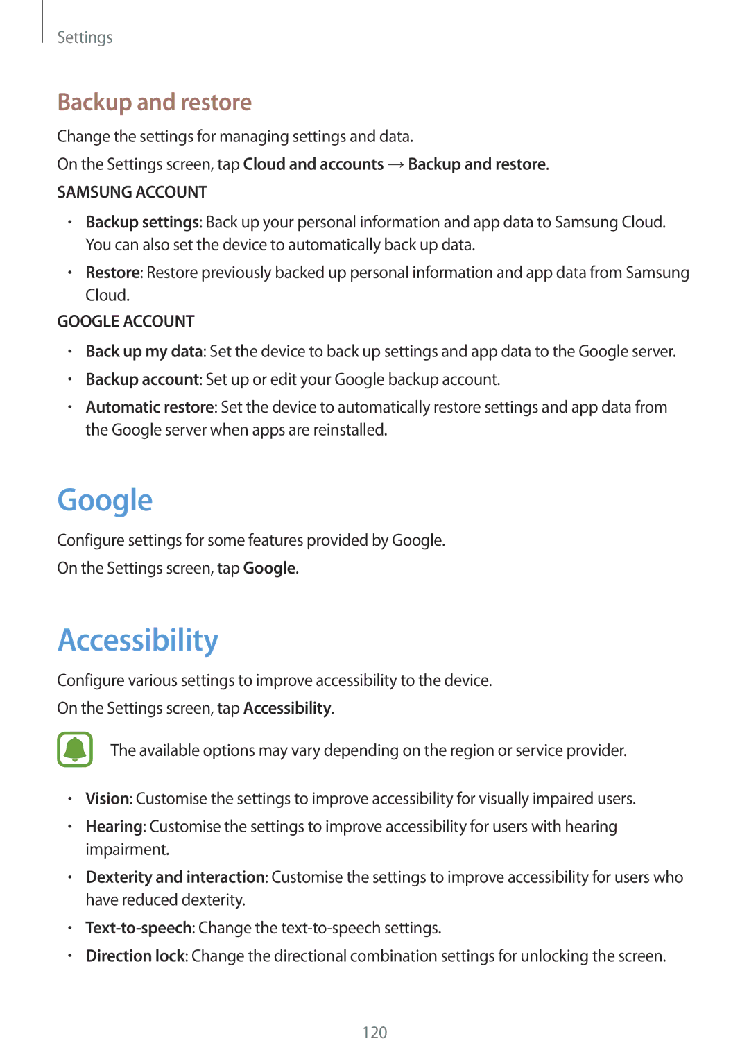 Samsung SM-J701FZDDKSA, SM-J701FZKDKSA, SM-J701FZKEILO, SM-J701FZDEILO manual Google, Accessibility, Backup and restore 