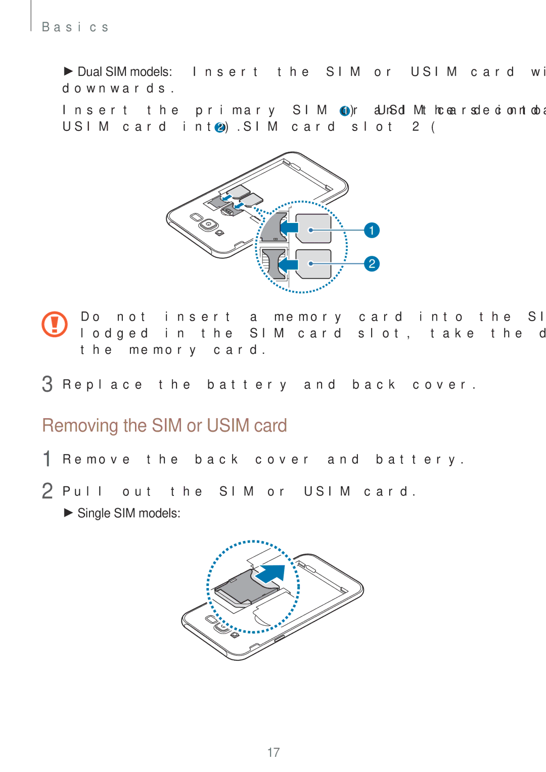 Samsung SM-J701FZKEILO, SM-J701FZDDKSA, SM-J701FZKDKSA, SM-J701FZDEILO manual Removing the SIM or Usim card, Single SIM models 