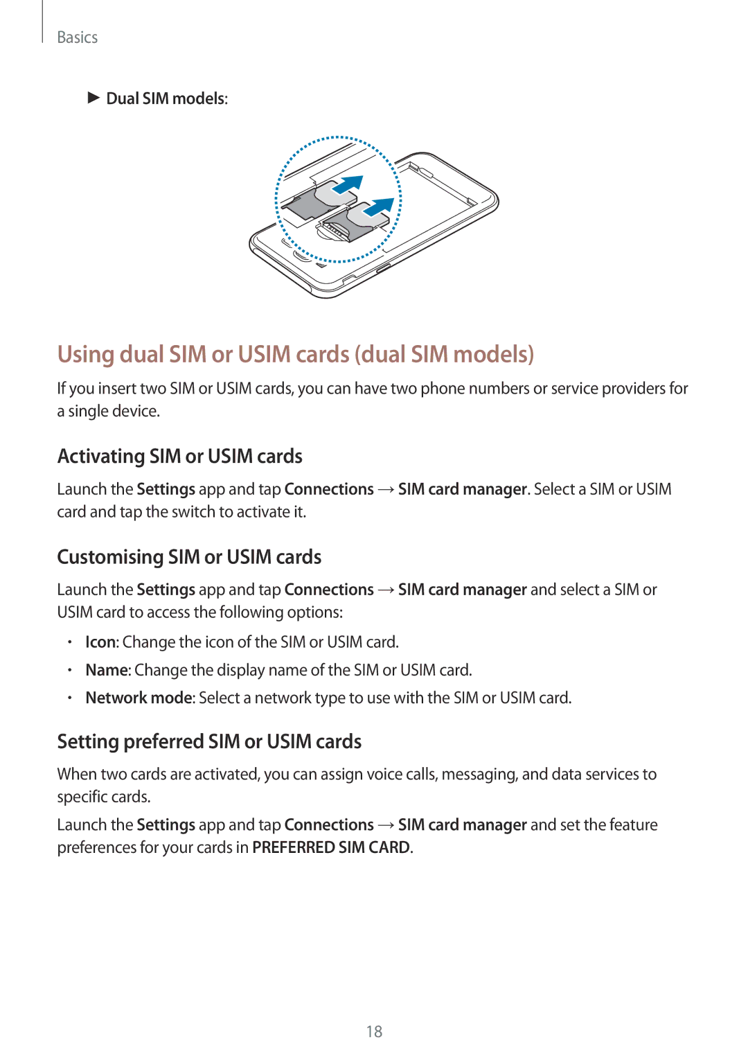 Samsung SM-J701FZDEILO manual Using dual SIM or Usim cards dual SIM models, Activating SIM or Usim cards, Dual SIM models 