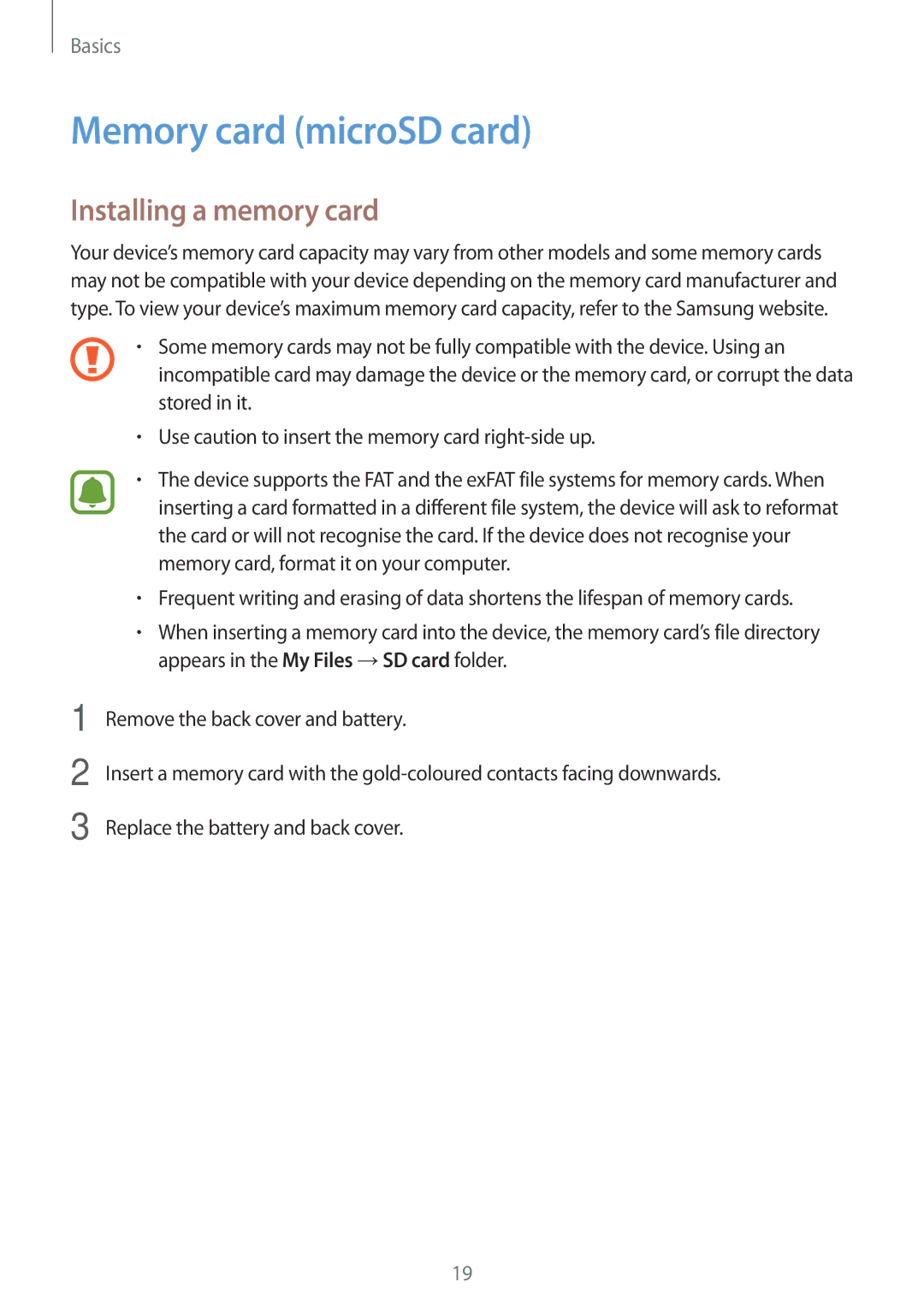 Samsung SM-J701FZSEILO, SM-J701FZDDKSA, SM-J701FZKDKSA, SM-J701FZKEILO Memory card microSD card, Installing a memory card 