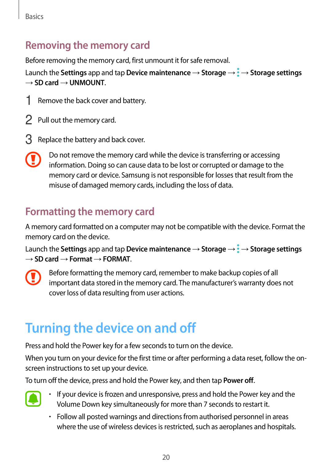 Samsung SM-J701FZDDKSA, SM-J701FZKDKSA Turning the device on and off, Removing the memory card, Formatting the memory card 