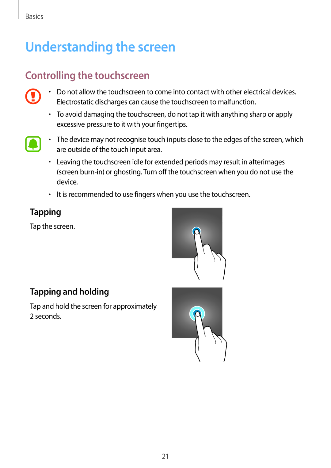 Samsung SM-J701FZKDKSA, SM-J701FZDDKSA manual Understanding the screen, Controlling the touchscreen, Tapping and holding 