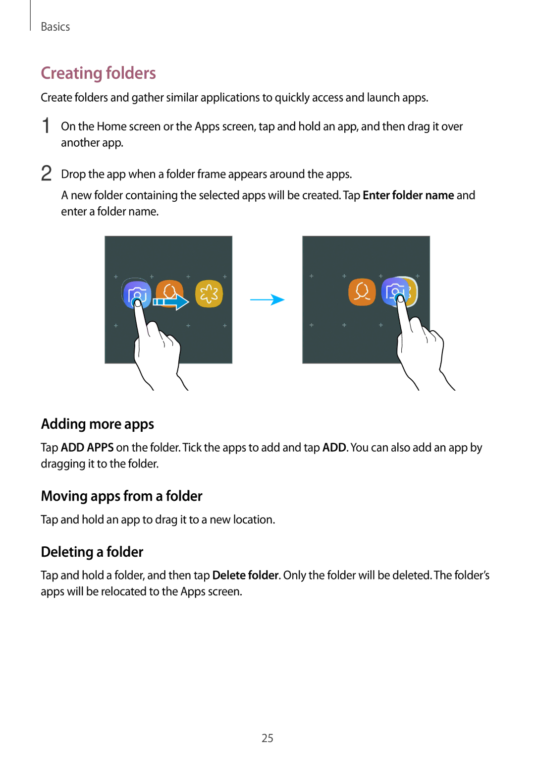 Samsung SM-J701FZDDKSA, SM-J701FZKDKSA Creating folders, Adding more apps, Moving apps from a folder, Deleting a folder 