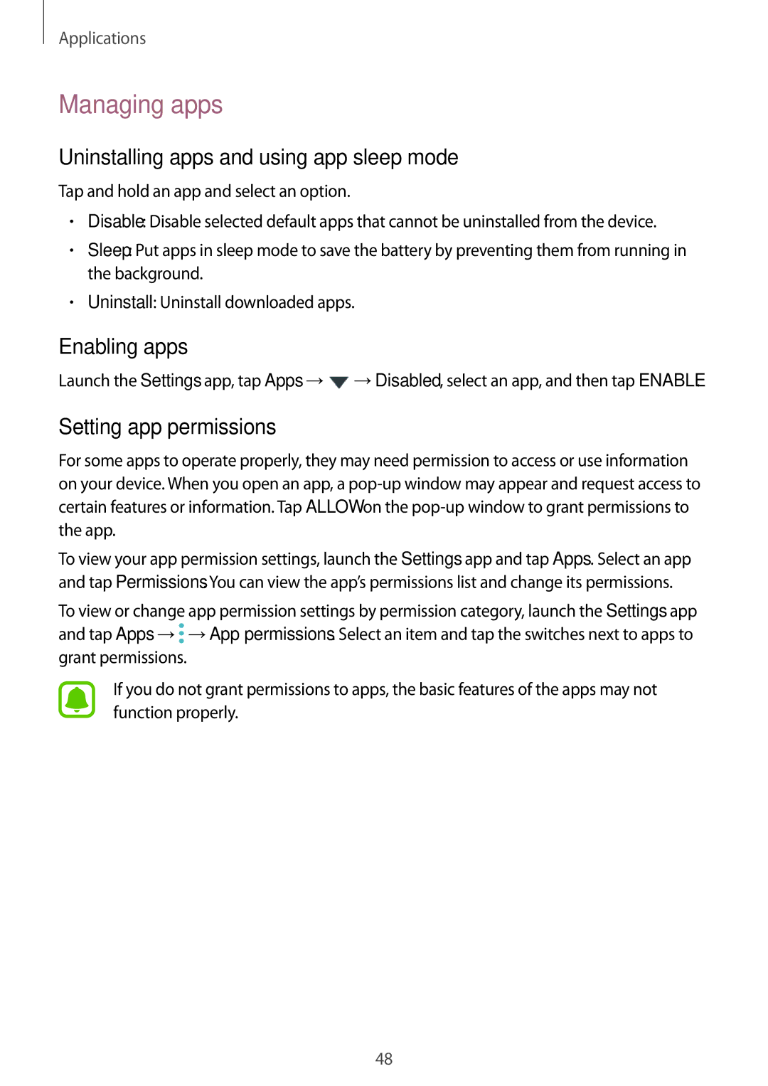 Samsung SM-J701FZDEILO Managing apps, Uninstalling apps and using app sleep mode, Enabling apps, Setting app permissions 