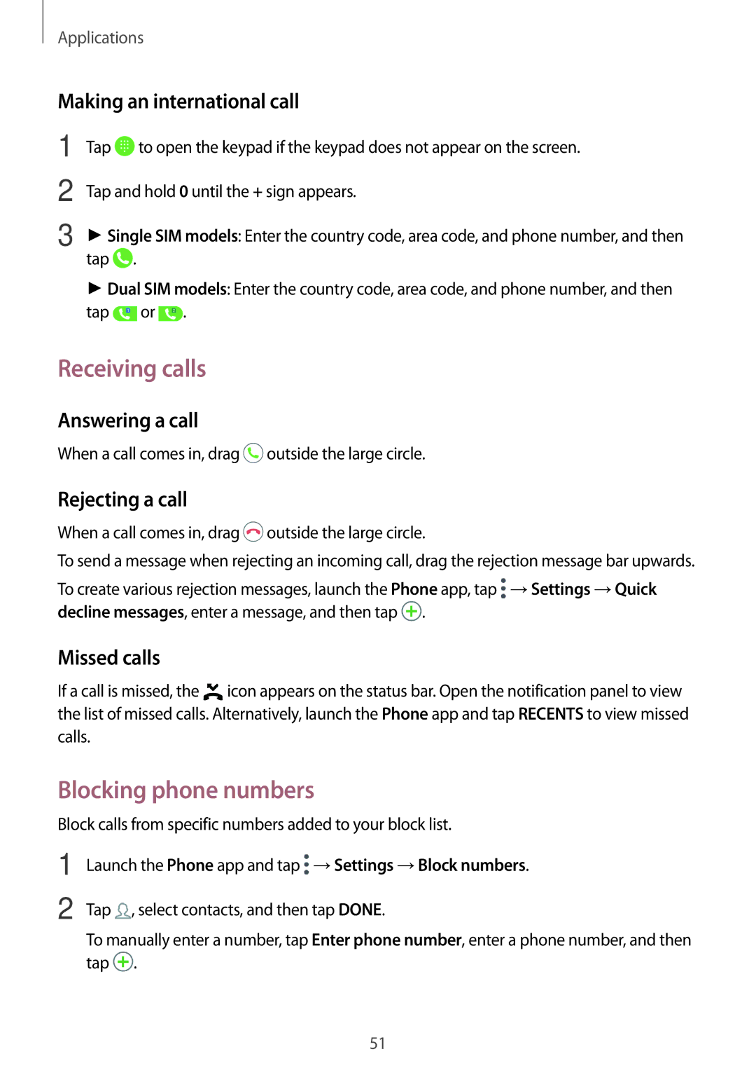 Samsung SM-J701FZKDKSA, SM-J701FZDDKSA, SM-J701FZKEILO, SM-J701FZDEILO manual Receiving calls, Blocking phone numbers 