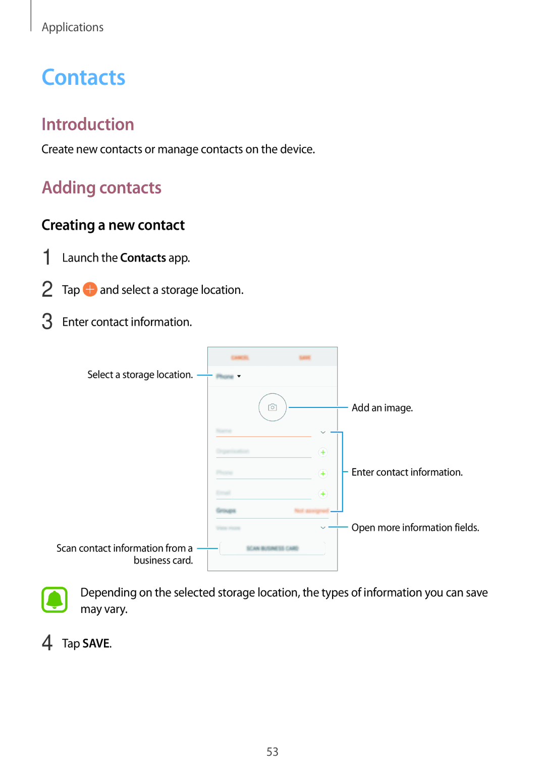 Samsung SM-J701FZDEILO, SM-J701FZDDKSA, SM-J701FZKDKSA, SM-J701FZKEILO Contacts, Adding contacts, Creating a new contact 