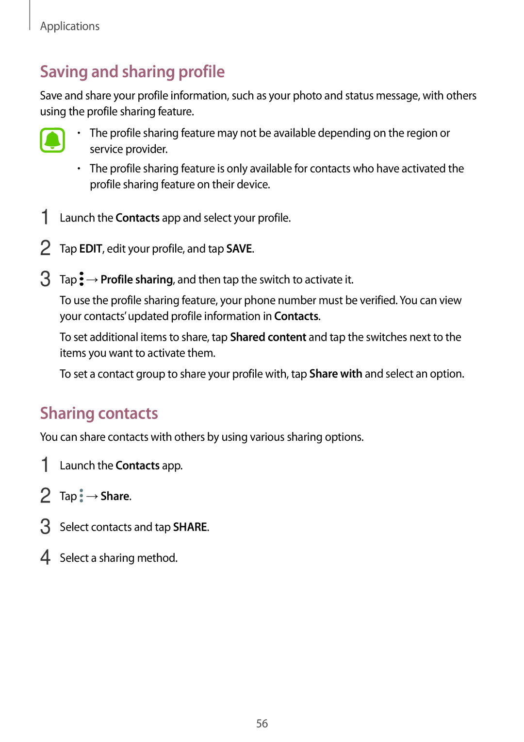 Samsung SM-J701FZKDKSA, SM-J701FZDDKSA, SM-J701FZKEILO, SM-J701FZDEILO manual Saving and sharing profile, Sharing contacts 