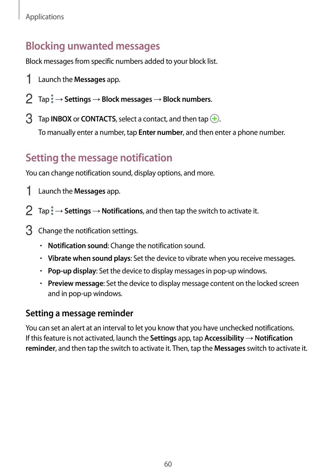 Samsung SM-J701FZDDKSA manual Blocking unwanted messages, Setting the message notification, Setting a message reminder 