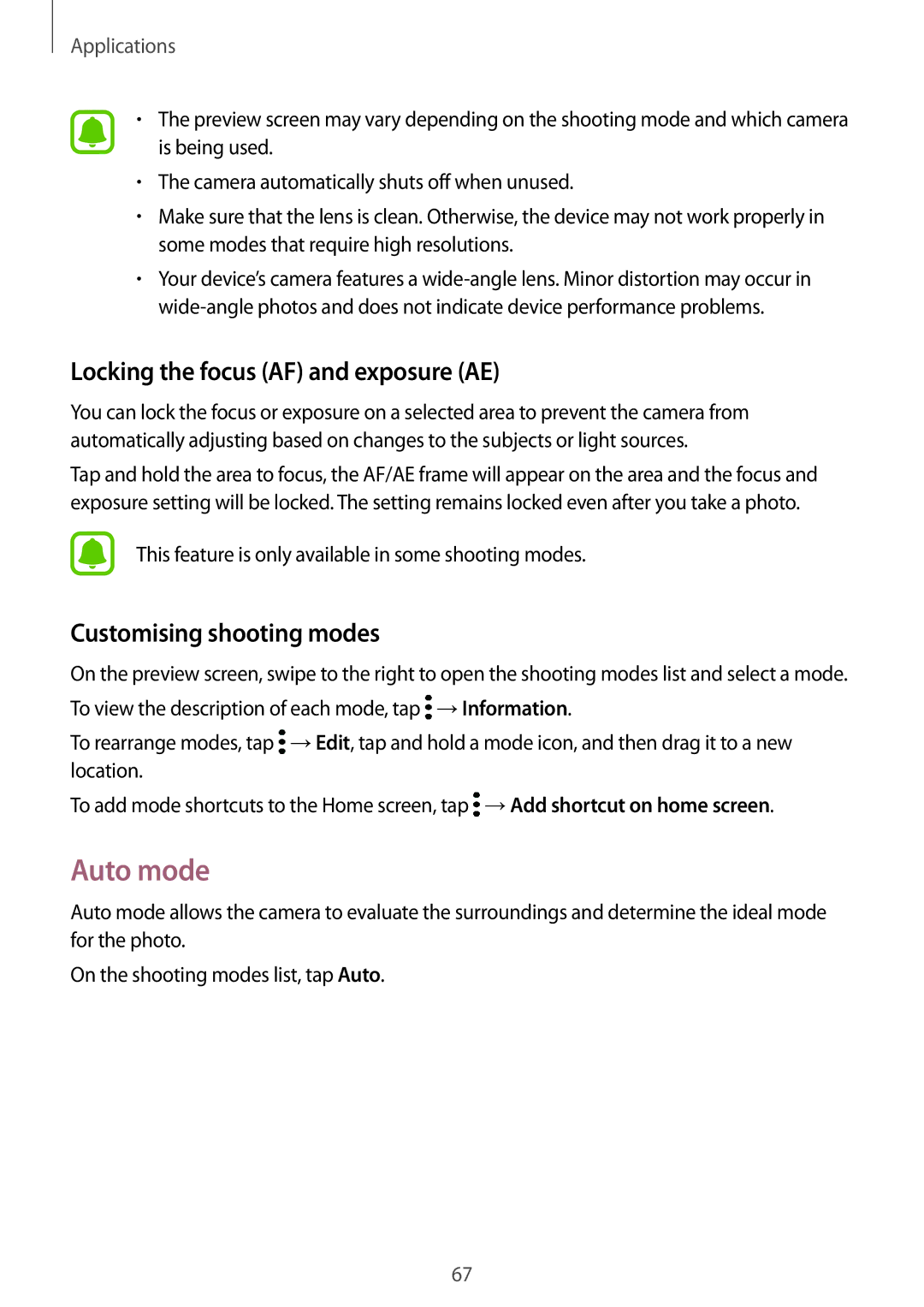 Samsung SM-J701FZKEILO, SM-J701FZDDKSA manual Auto mode, Locking the focus AF and exposure AE, Customising shooting modes 