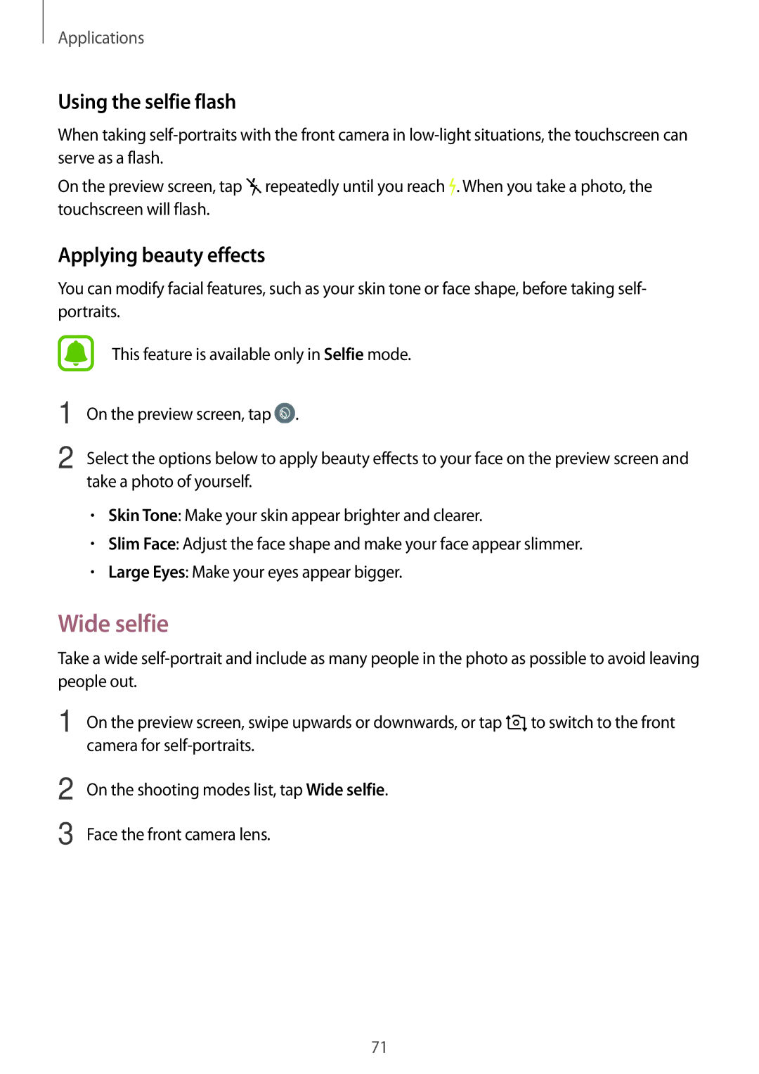 Samsung SM-J701FZKDKSA, SM-J701FZDDKSA, SM-J701FZKEILO manual Wide selfie, Using the selfie flash, Applying beauty effects 