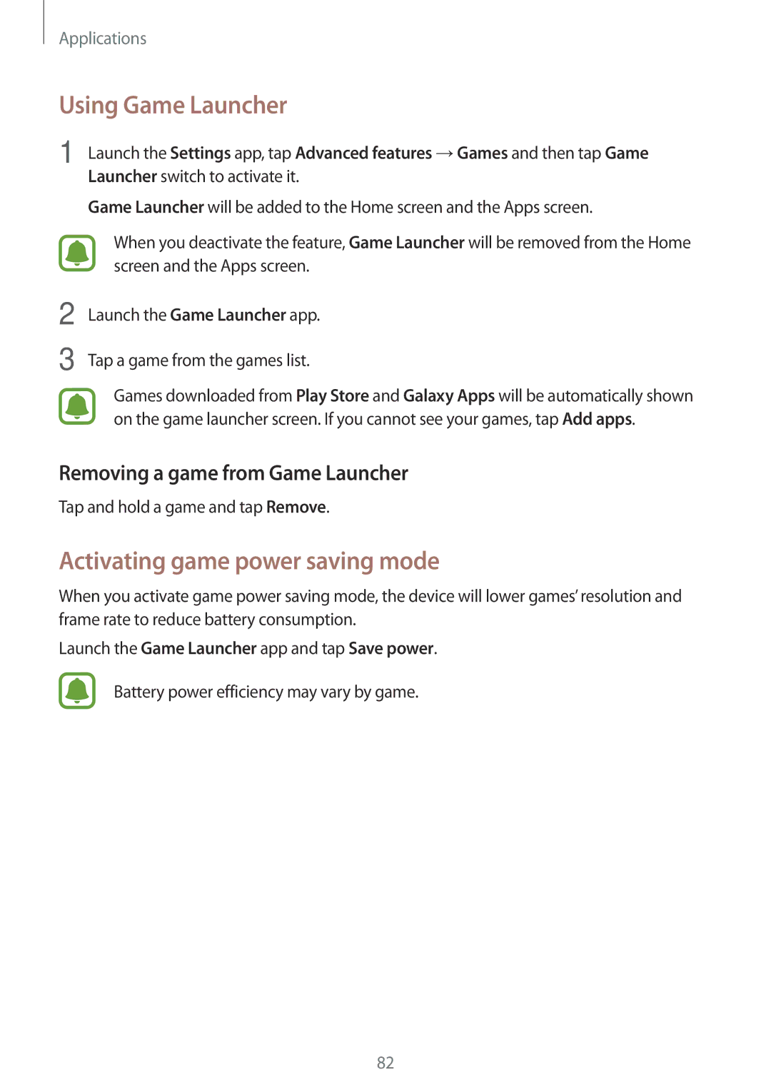 Samsung SM-J701FZKEILO manual Using Game Launcher, Activating game power saving mode, Removing a game from Game Launcher 