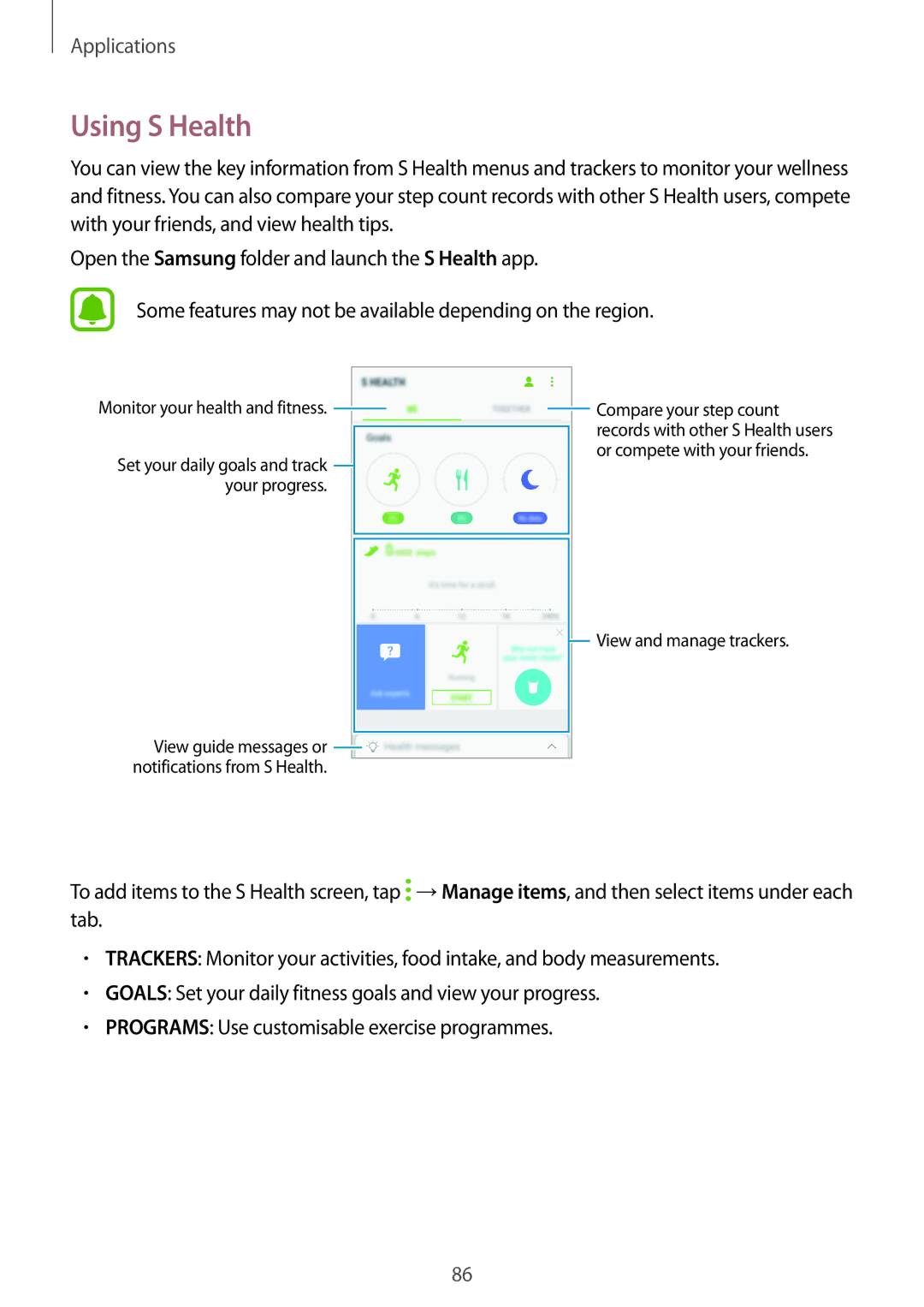 Samsung SM-J701FZKDKSA, SM-J701FZDDKSA, SM-J701FZKEILO, SM-J701FZDEILO manual Using S Health, Monitor your health and fitness 