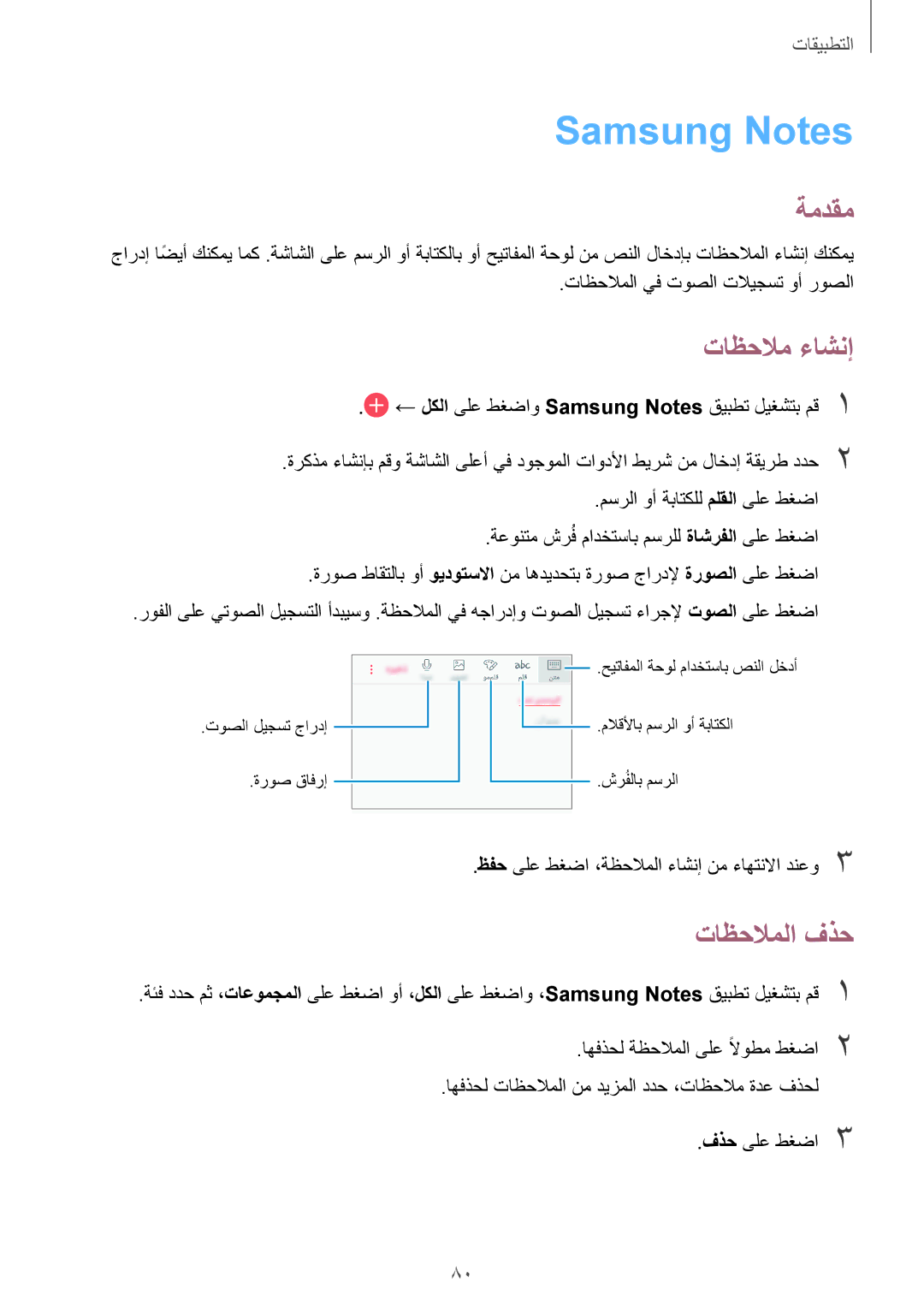 Samsung SM-J701FZDDKSA, SM-J701FZKDKSA manual Samsung Notes, تاظحلام ءاشنإ, تاظحلاملا فذح 